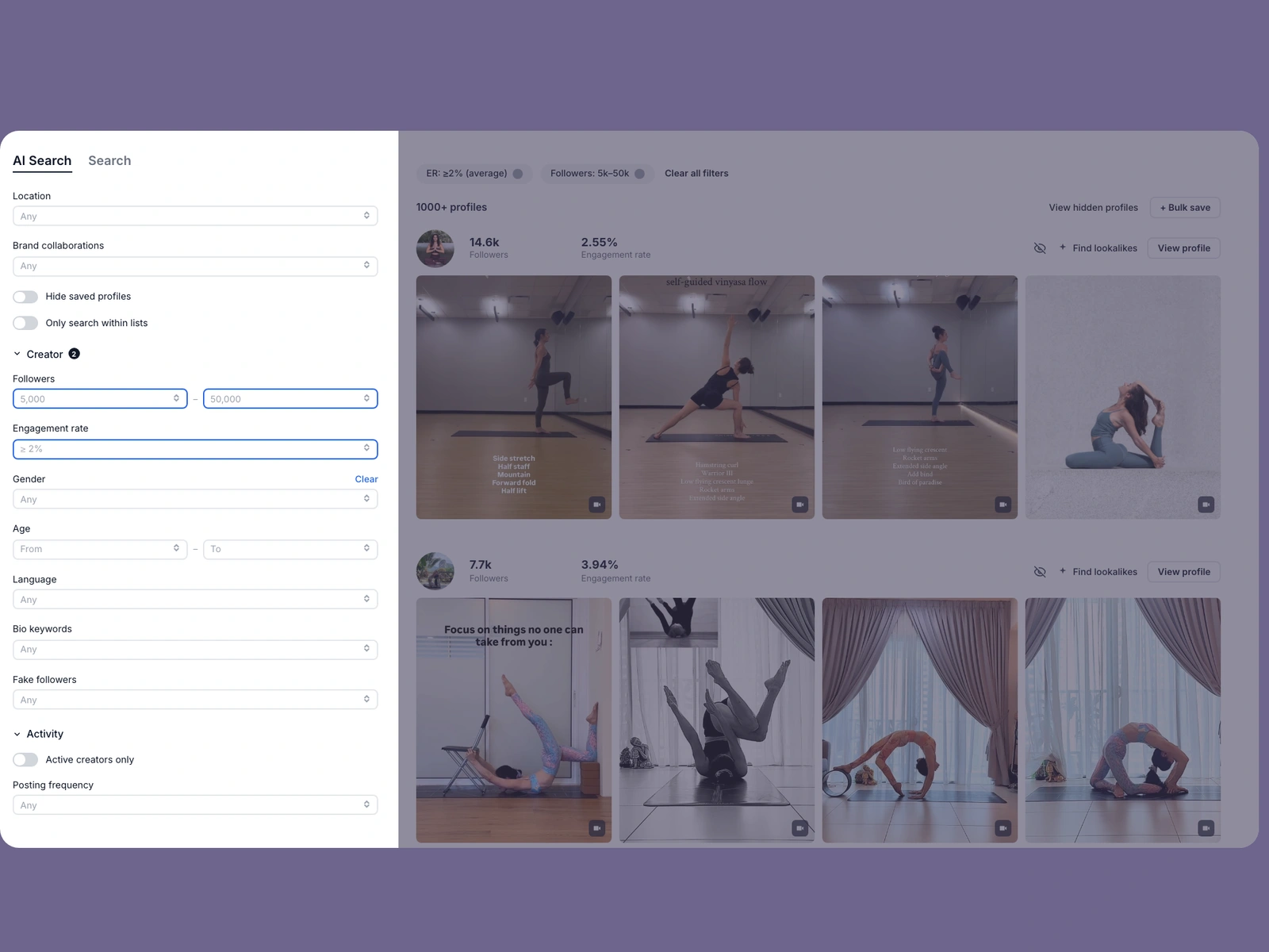 Modash filters narrowing yoga creators