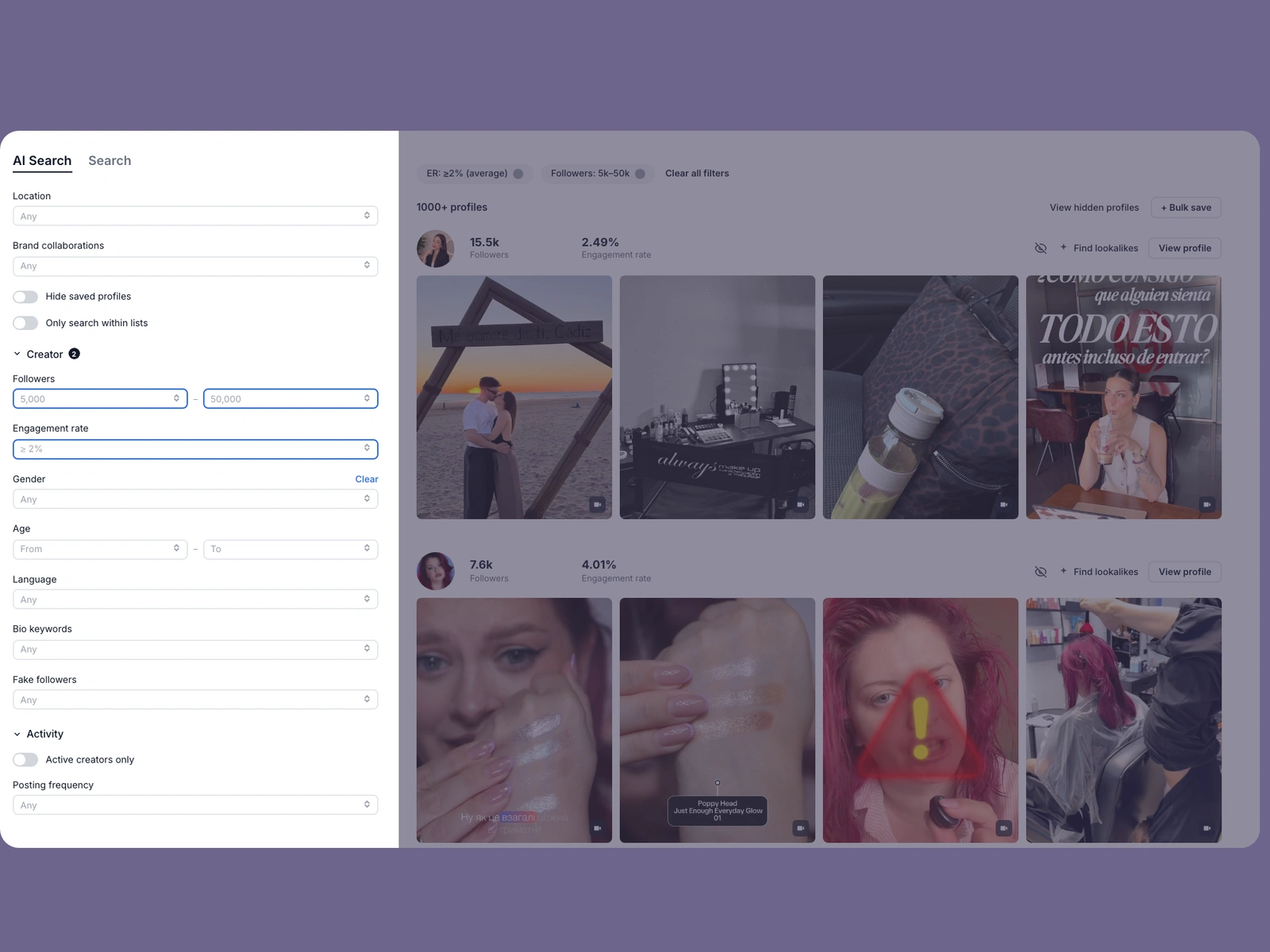 Modash filters narrowing makeup creators