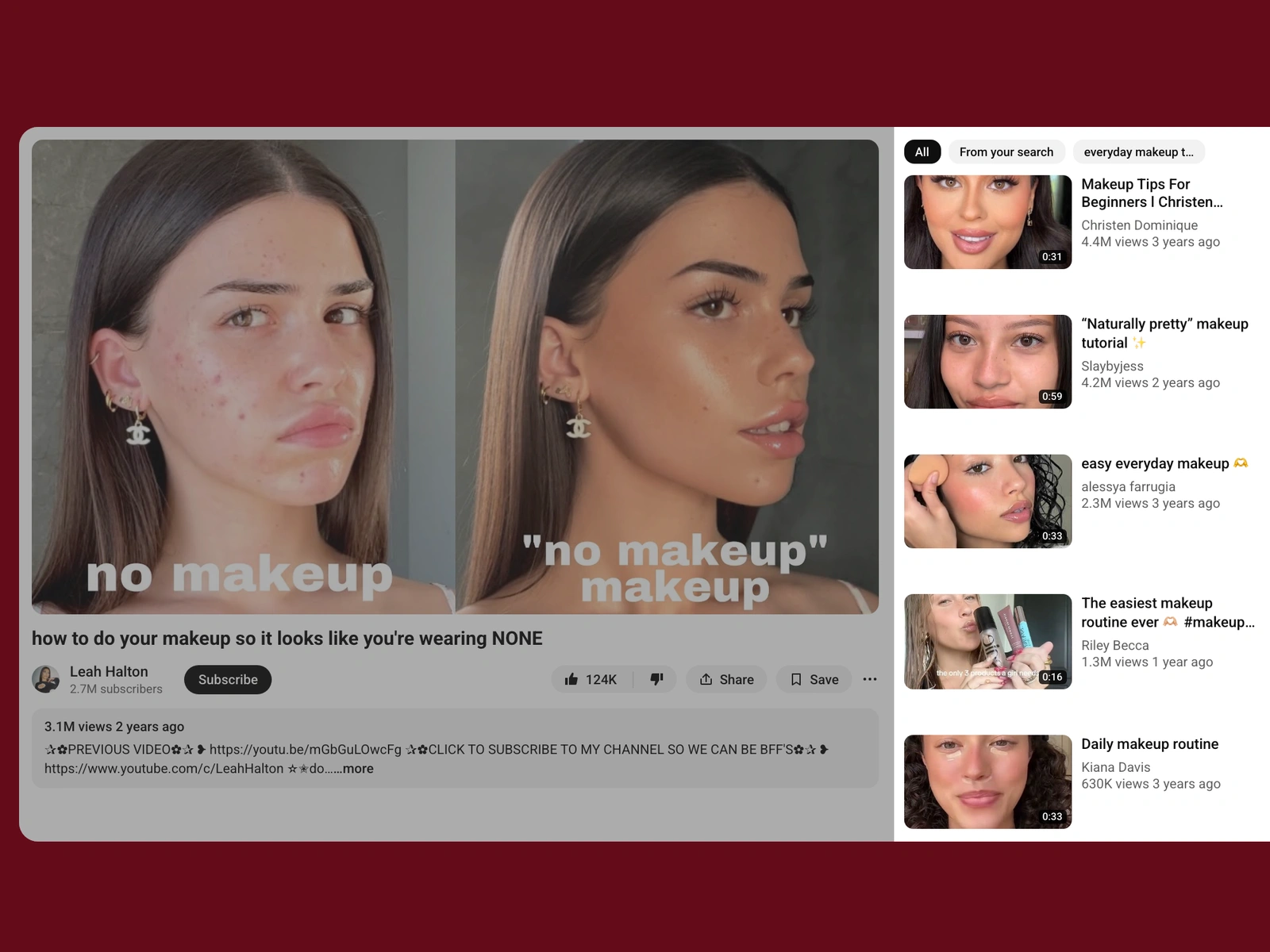YouTube recommended videos beside a makeup video