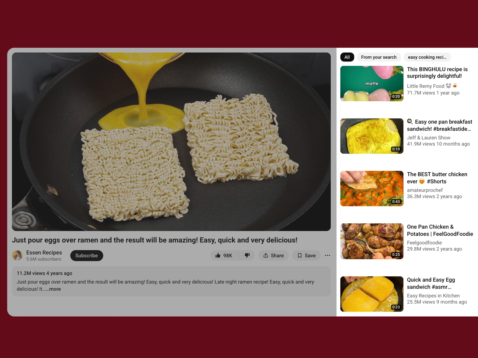 YouTube recommended videos beside a cooking video