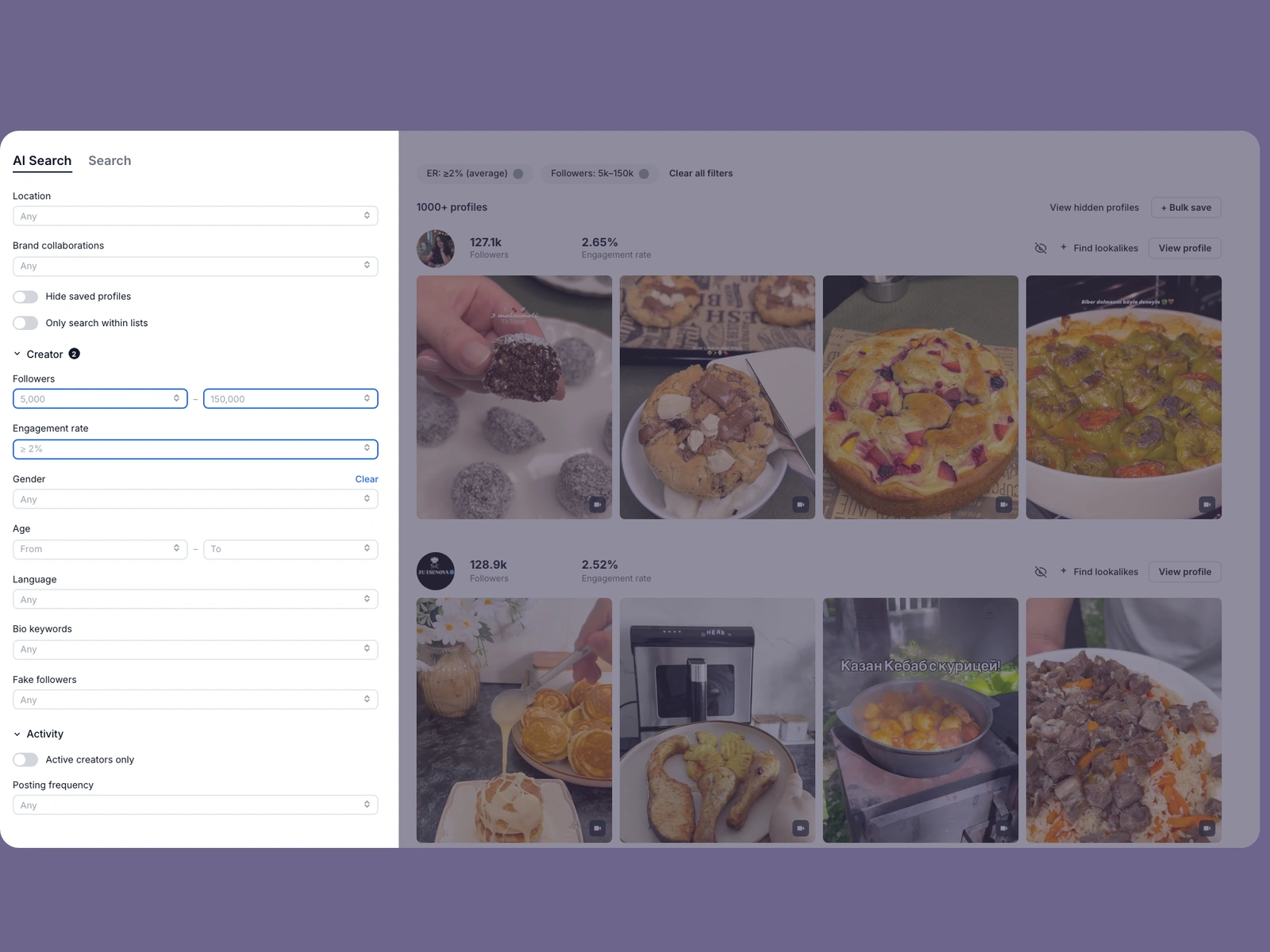 Modash filters narrowing cooking creators