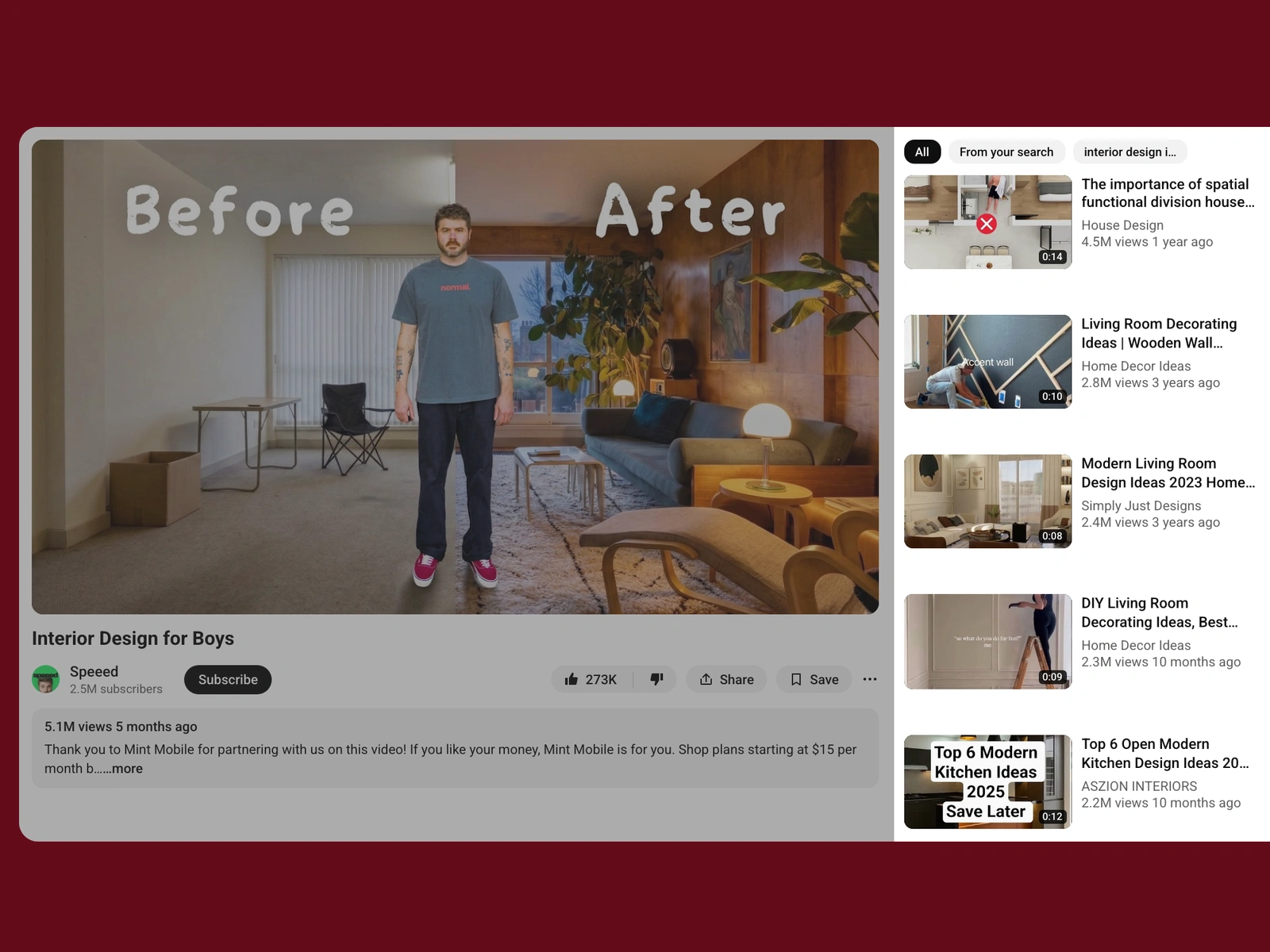 YouTube recommended videos beside a interior design video