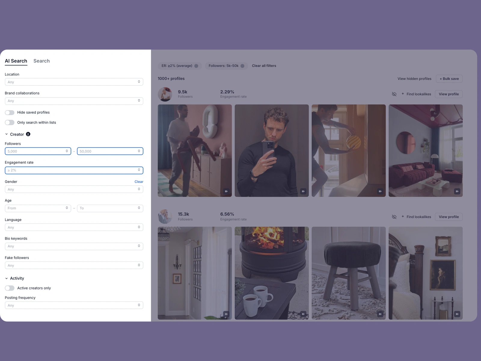 Modash filters narrowing interior design creators