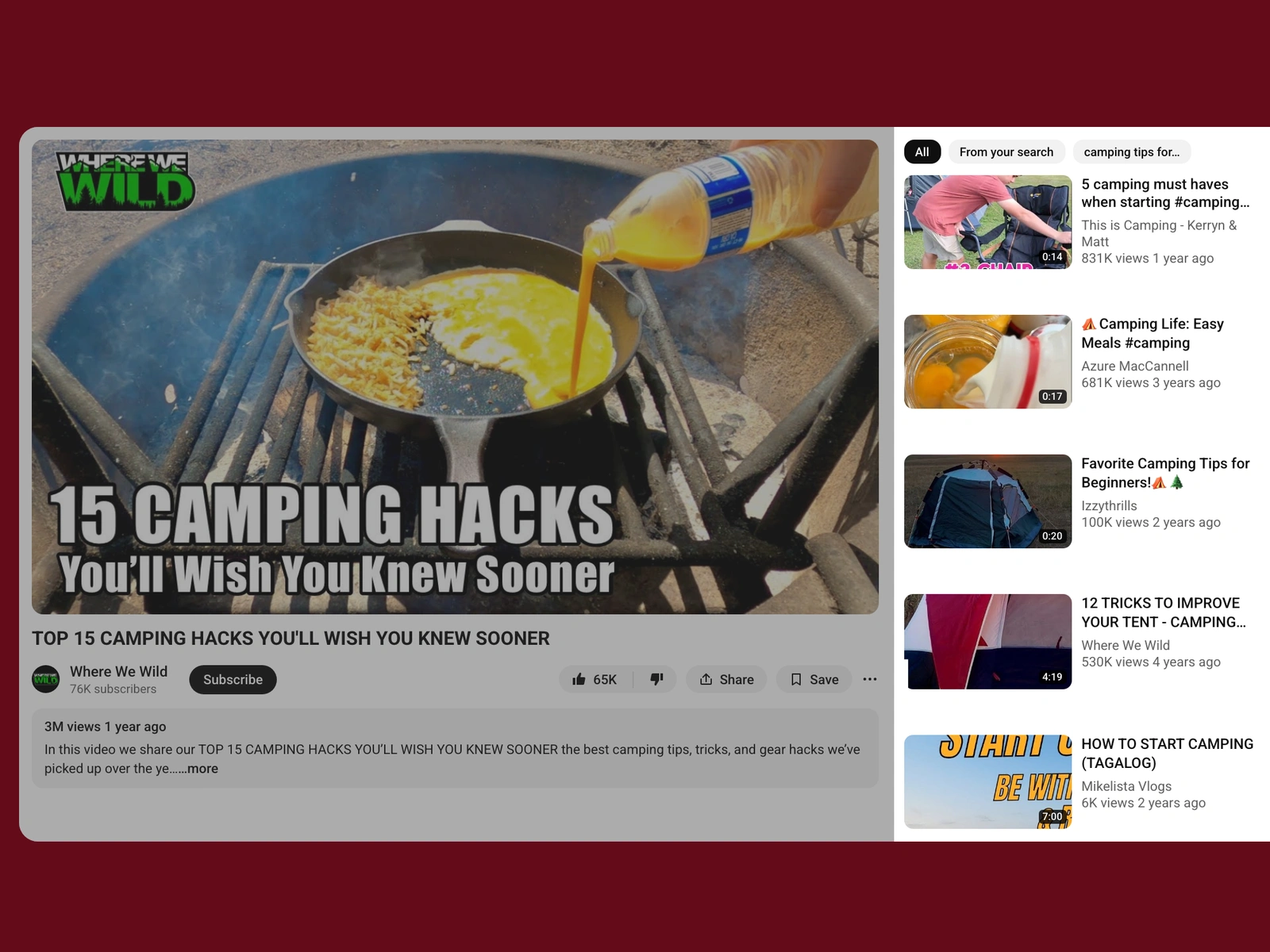 YouTube recommended videos beside a camping video