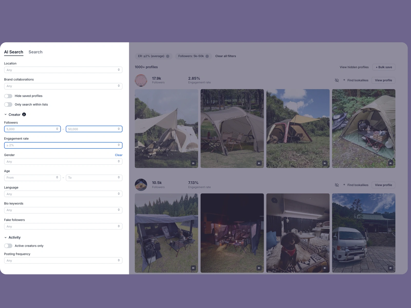 Modash filters narrowing camping creators