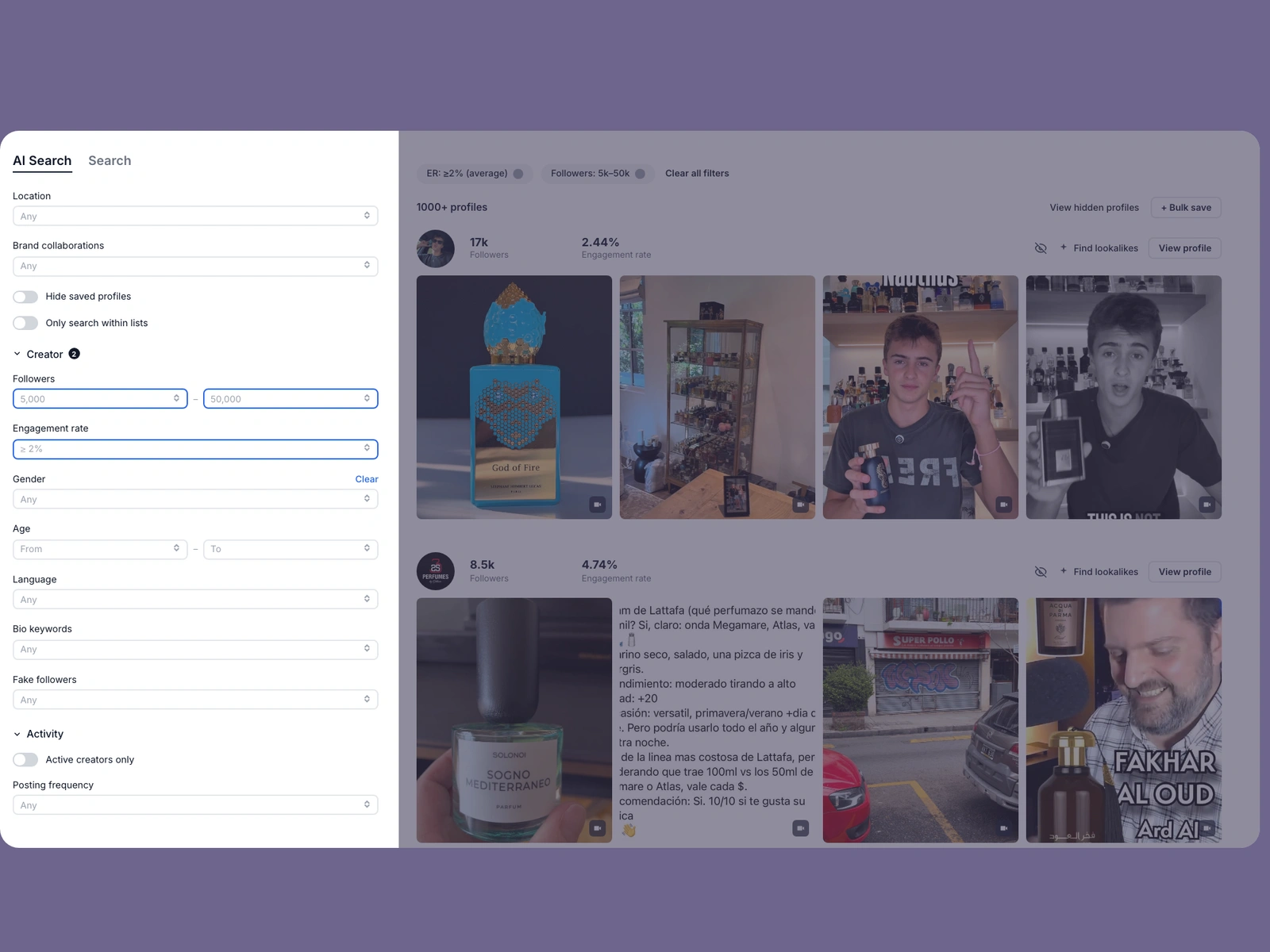 Modash filters narrowing fragrance creators