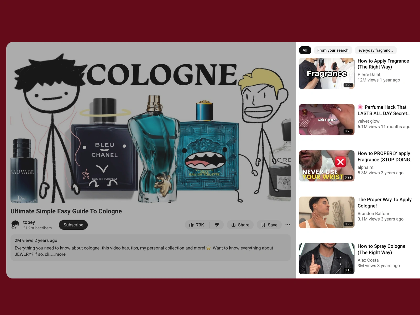 YouTube recommended videos beside a fragrance video