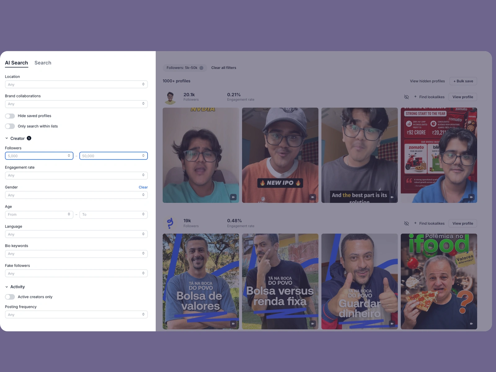 Modash filters narrowing investing creators