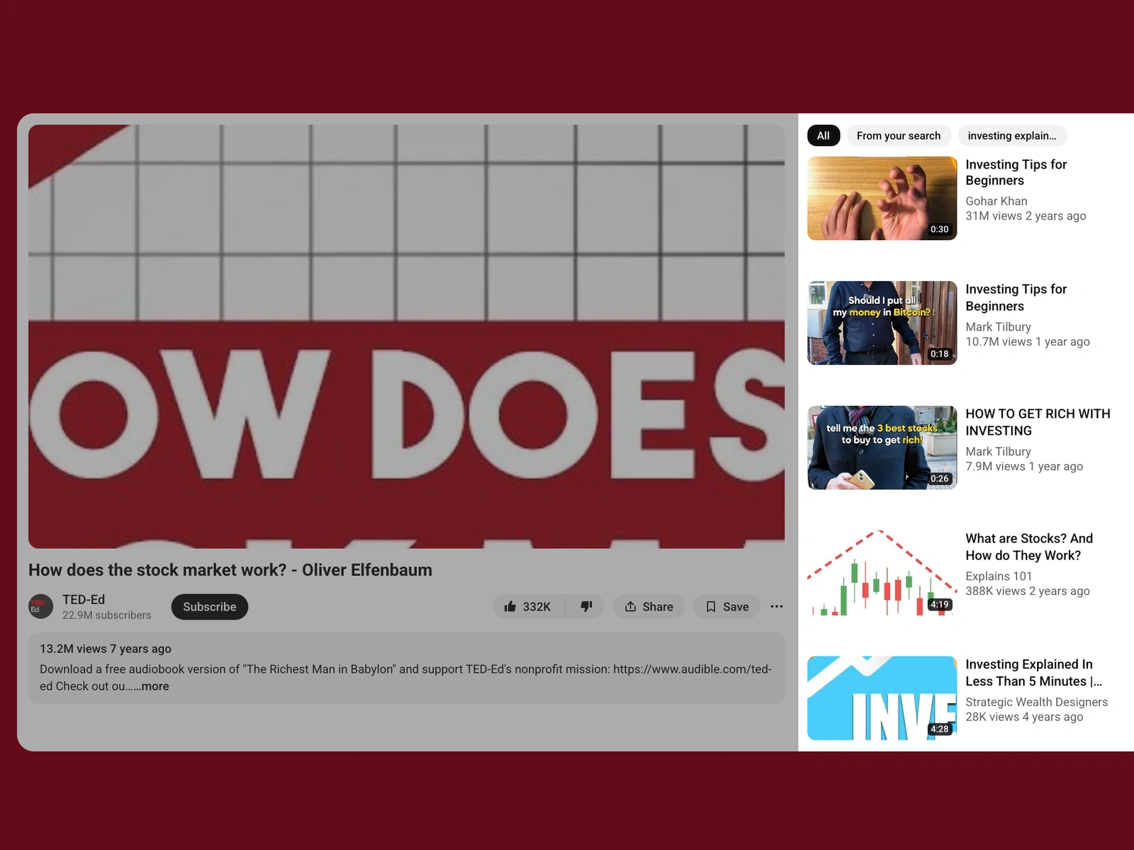 YouTube recommended videos beside a investing video