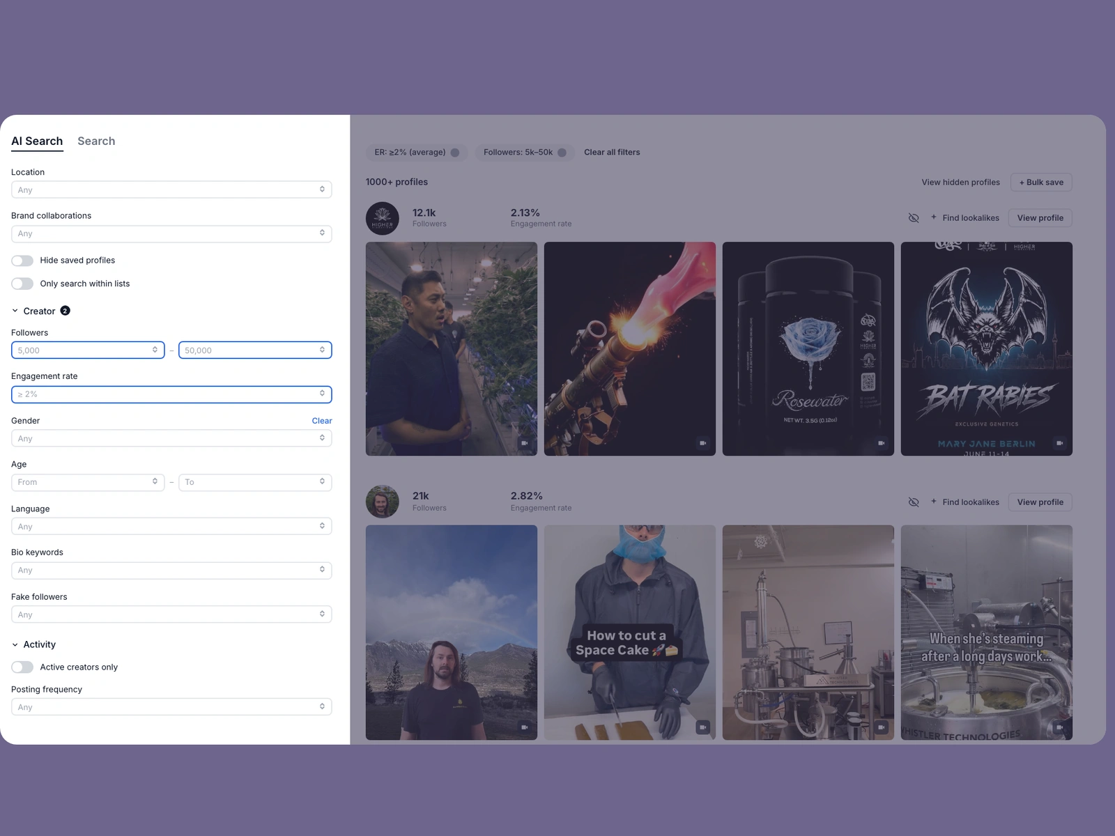 Modash filters narrowing cannabis creators