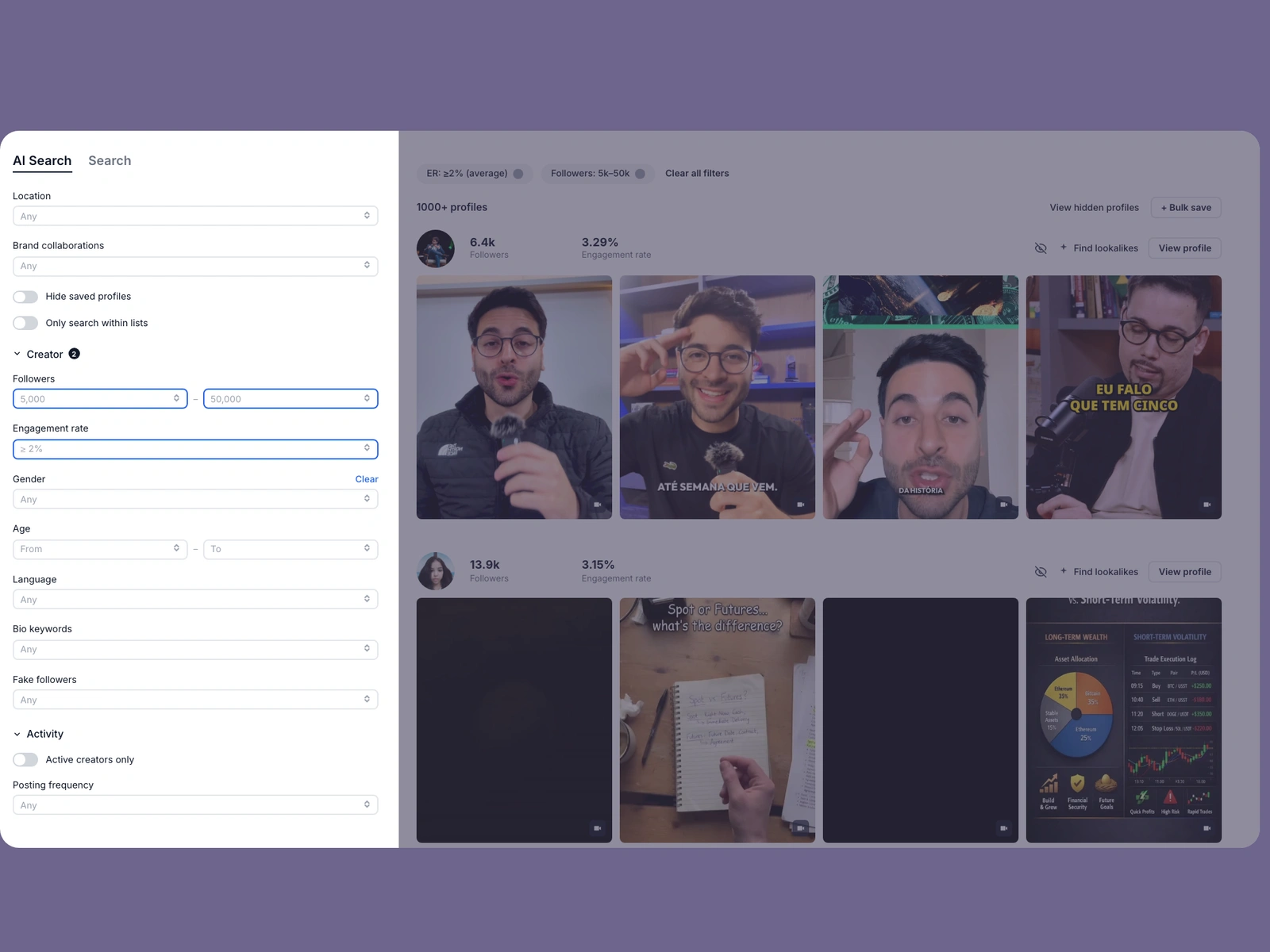Modash filters narrowing crypto creators