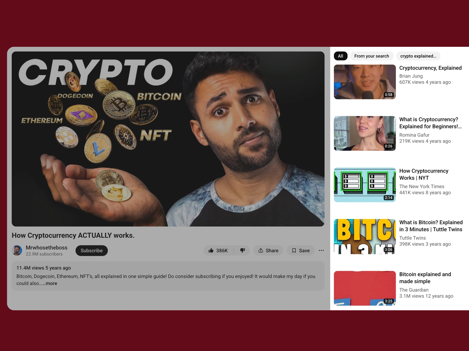 YouTube recommended videos beside a crypto video