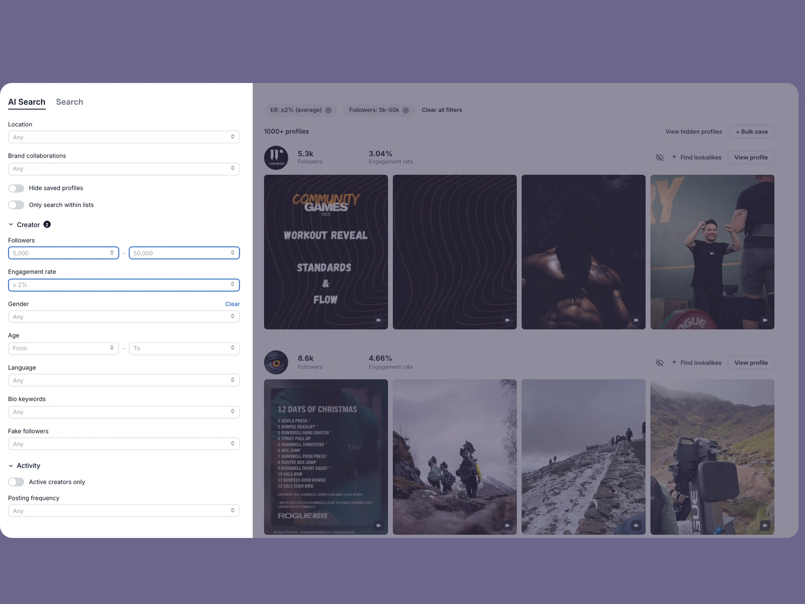 Modash filters narrowing crossfit creators