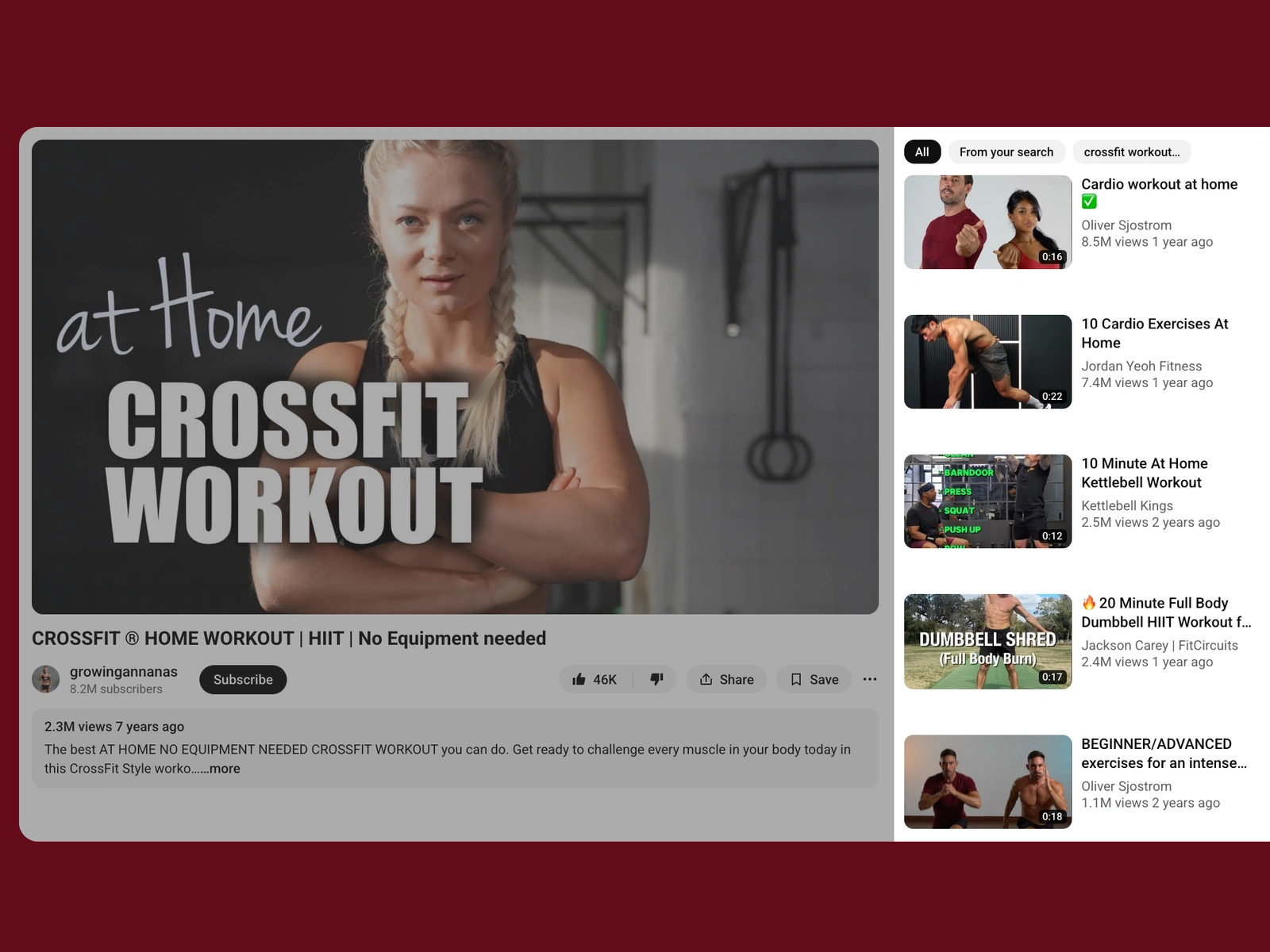 YouTube recommended videos beside a crossfit video