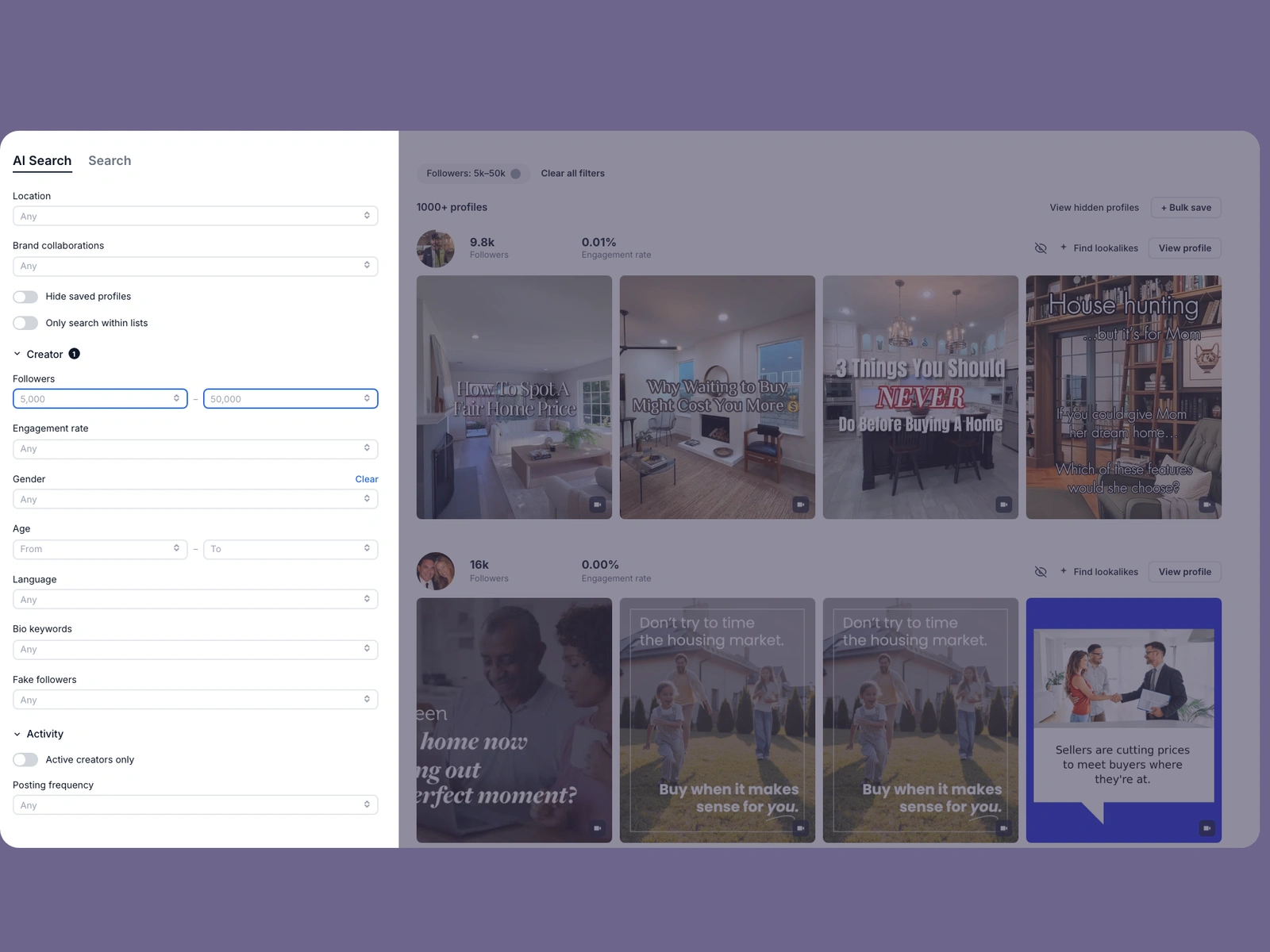 Modash filters narrowing real estate creators