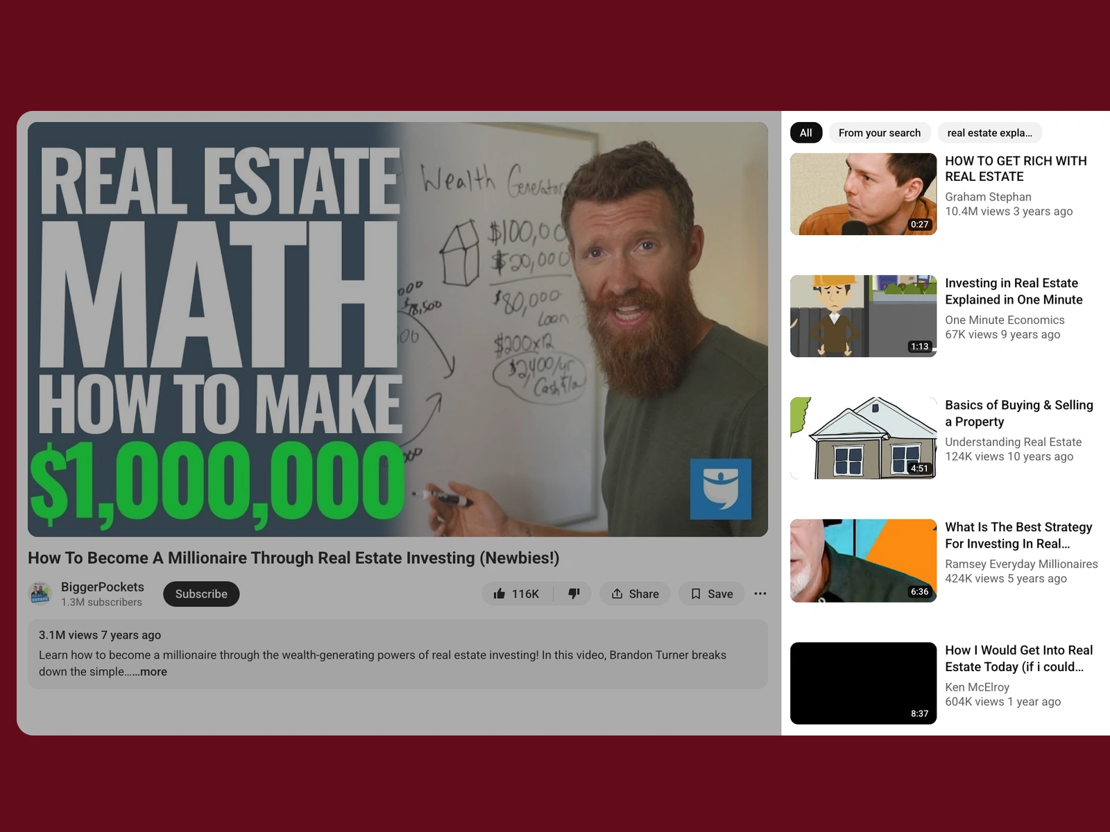 YouTube recommended videos beside a real estate video