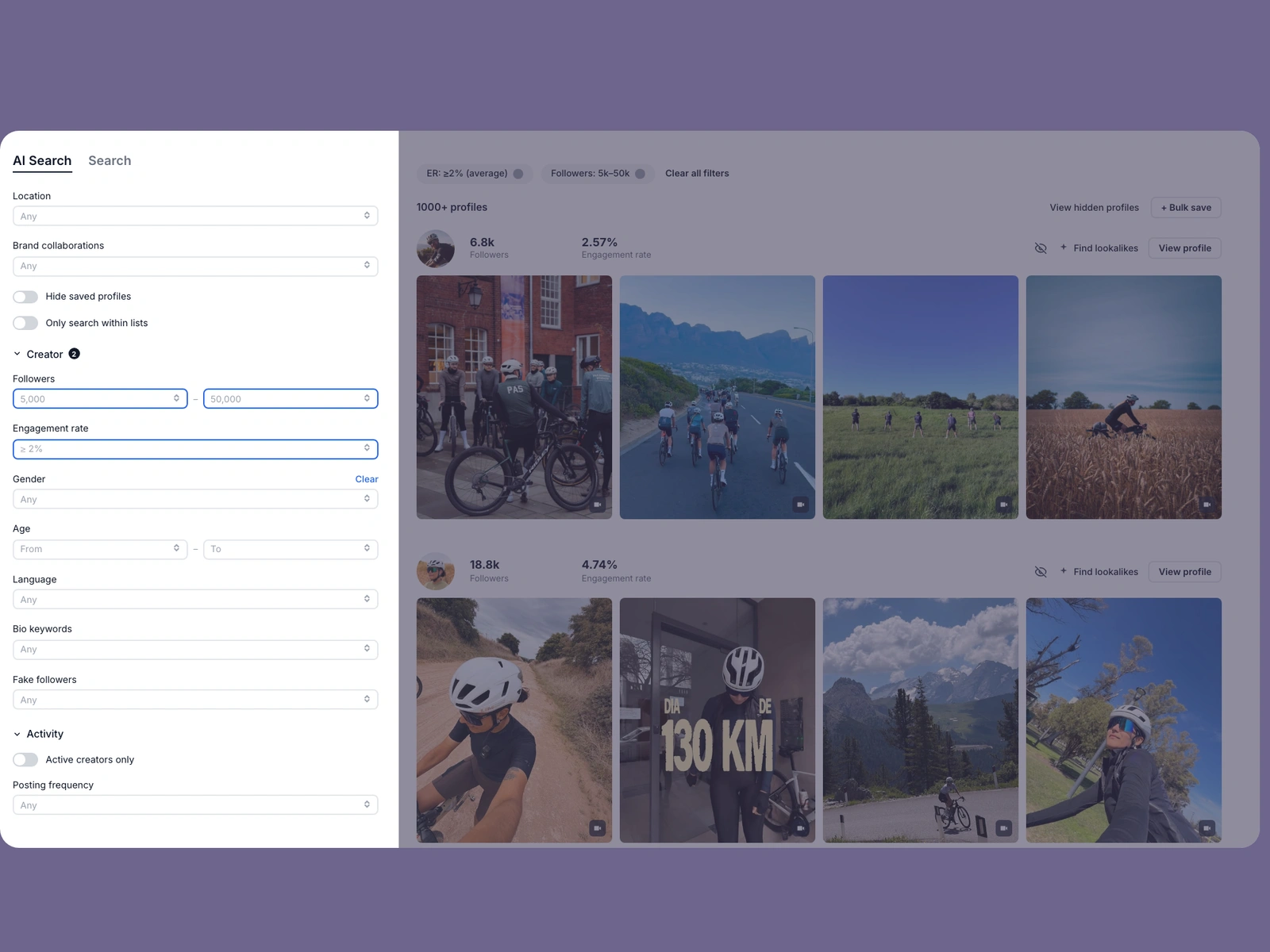 Modash filters narrowing cycling creators