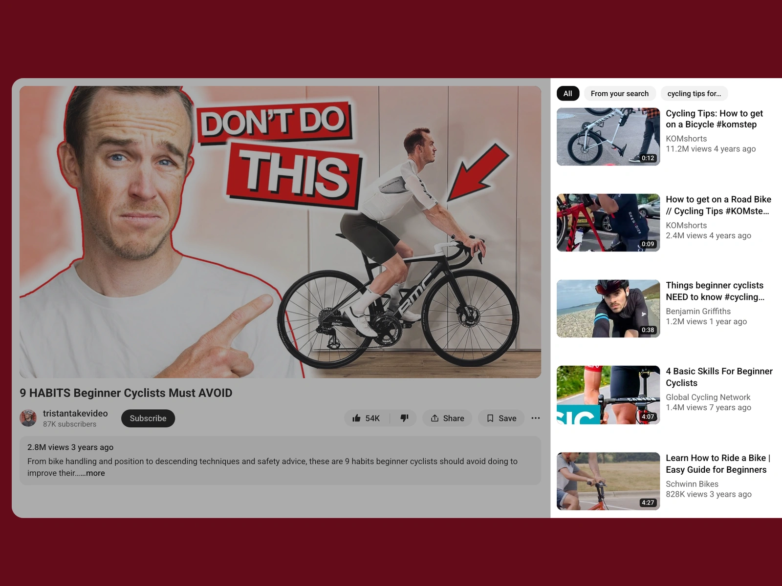 YouTube recommended videos beside a cycling video
