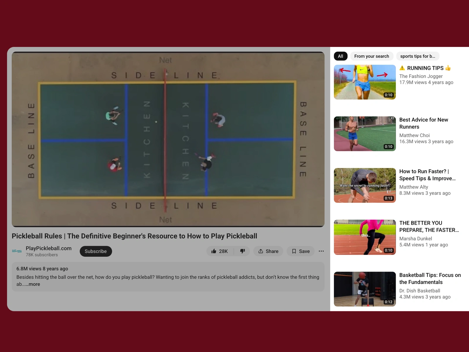 YouTube recommended videos beside a sports video