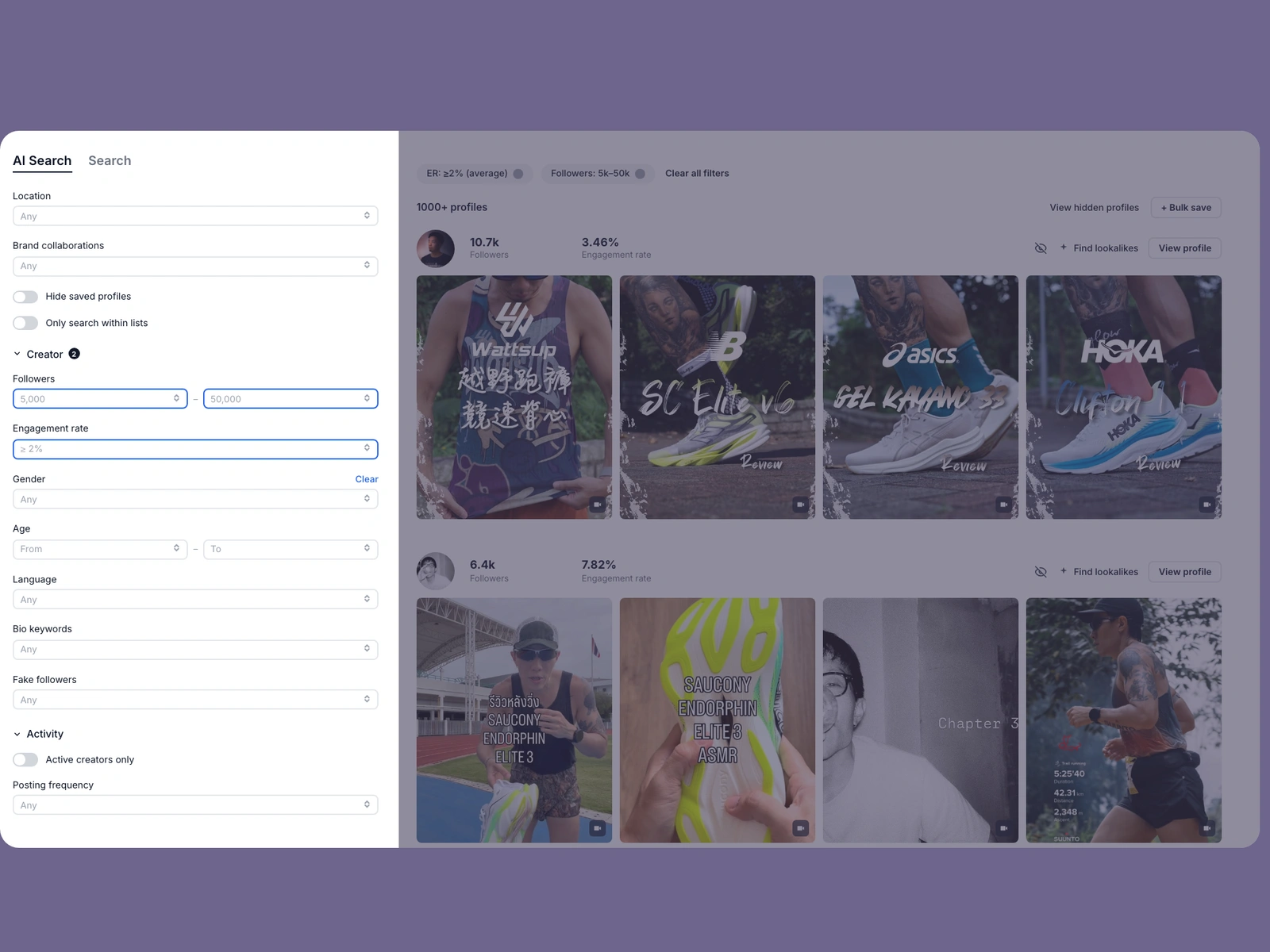 Modash filters narrowing sports creators