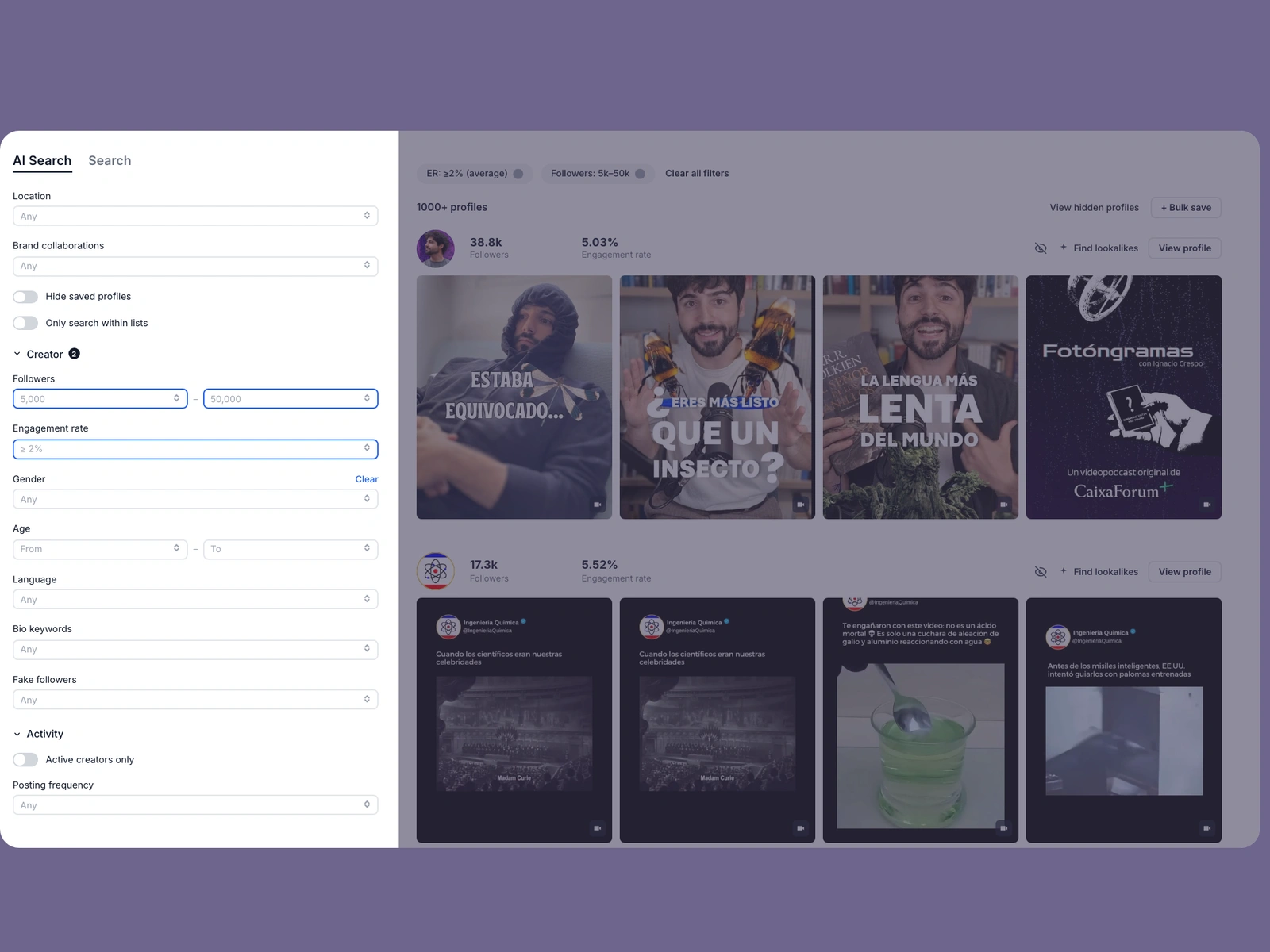 Modash filters narrowing science creators
