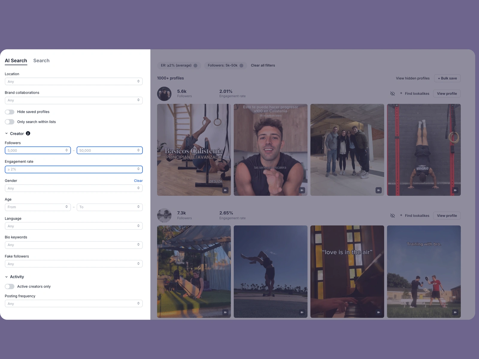 Modash filters narrowing calisthenics creators
