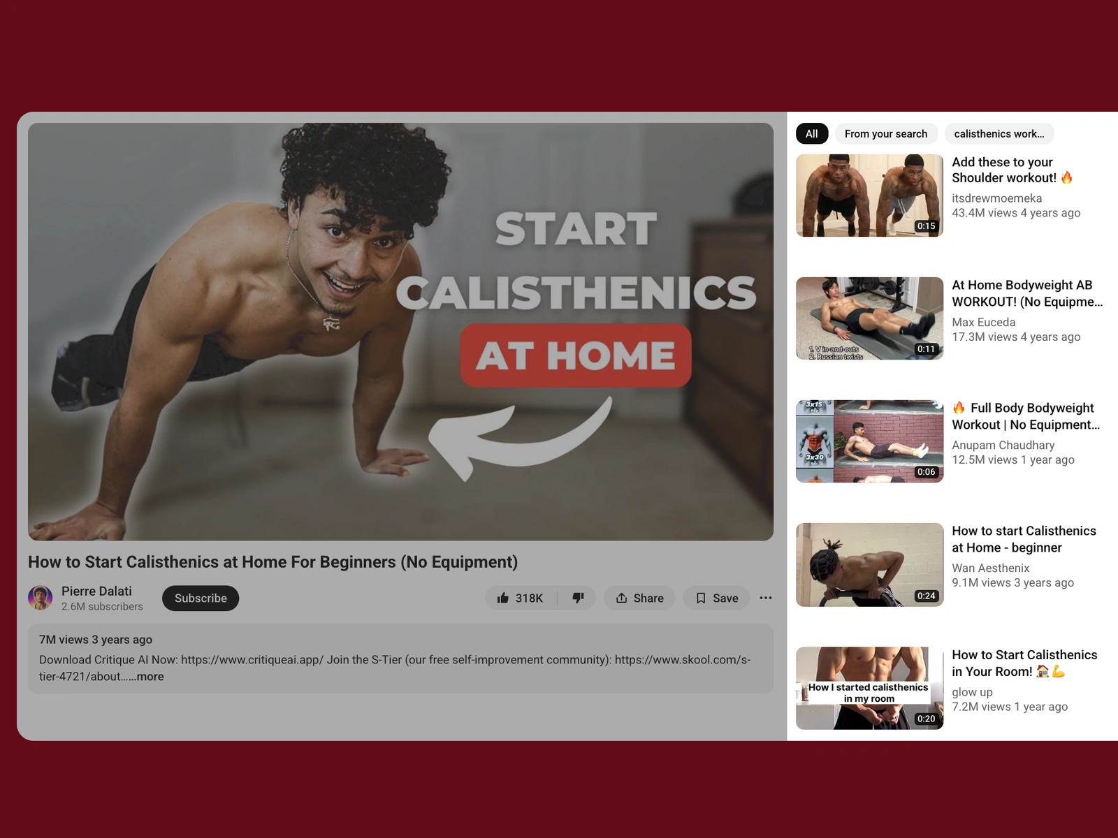 YouTube recommended videos beside a calisthenics video