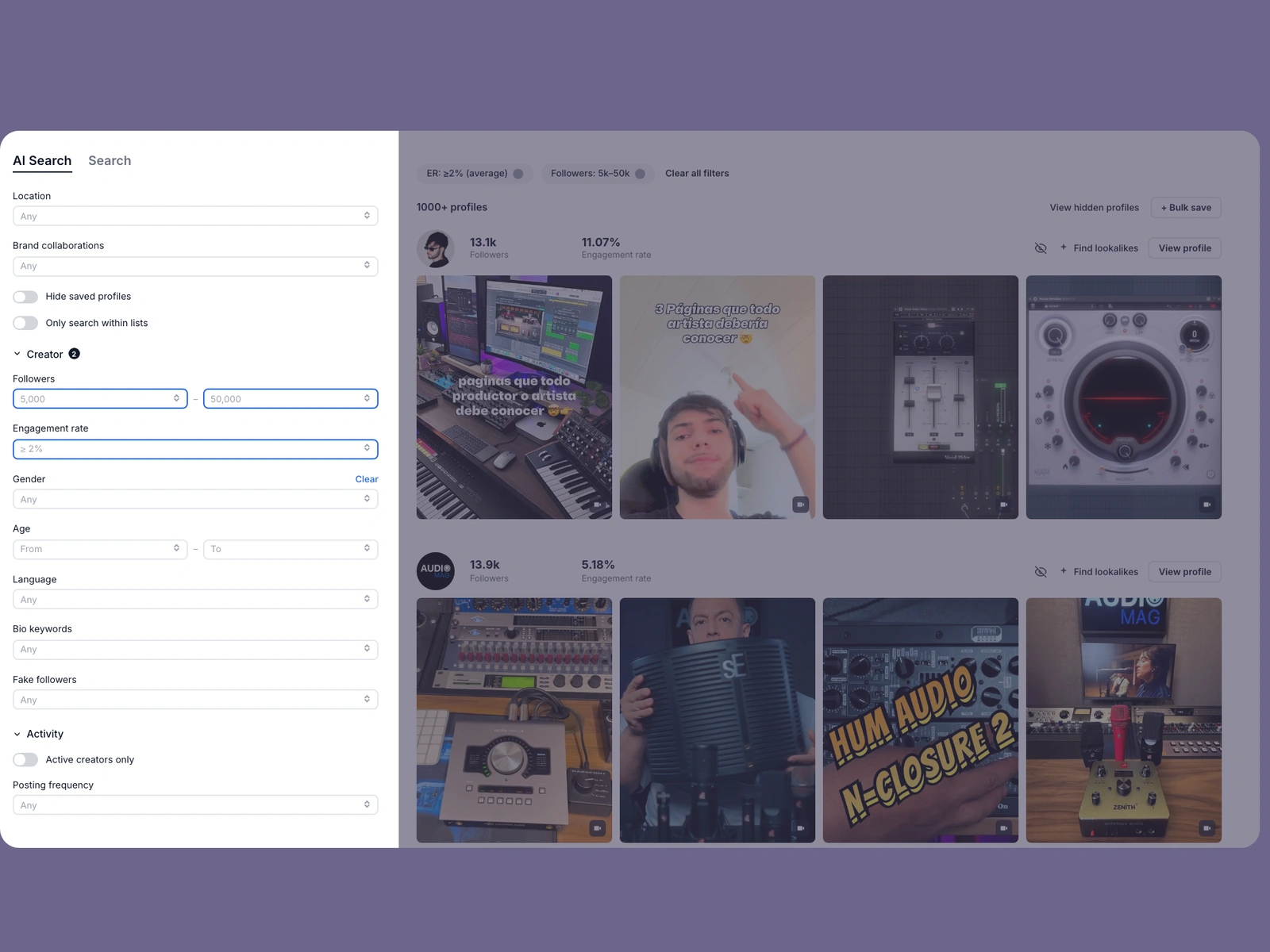 Modash filters narrowing music creators