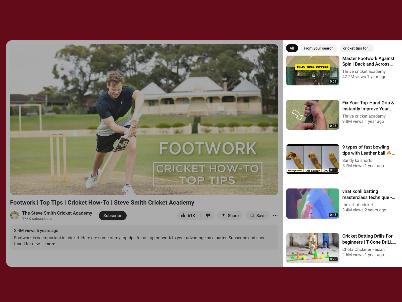 YouTube recommended videos beside a cricket video