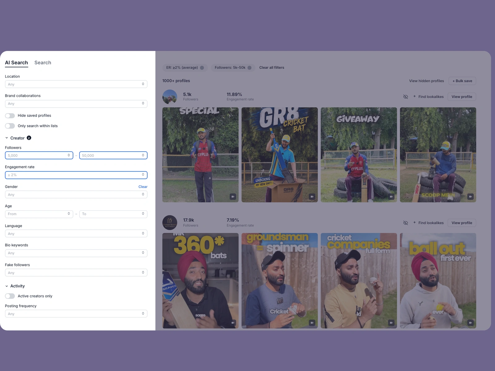Modash filters narrowing cricket creators
