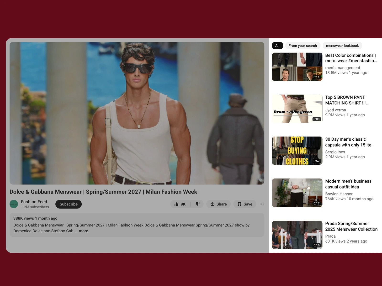 YouTube recommended videos beside a menswear video