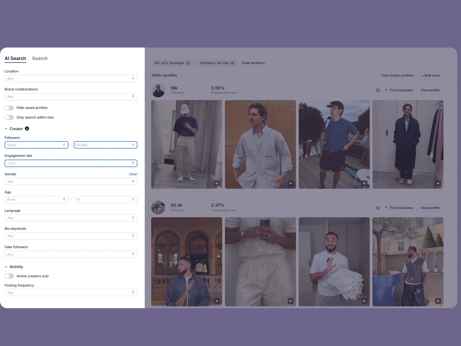 Modash filters narrowing menswear creators