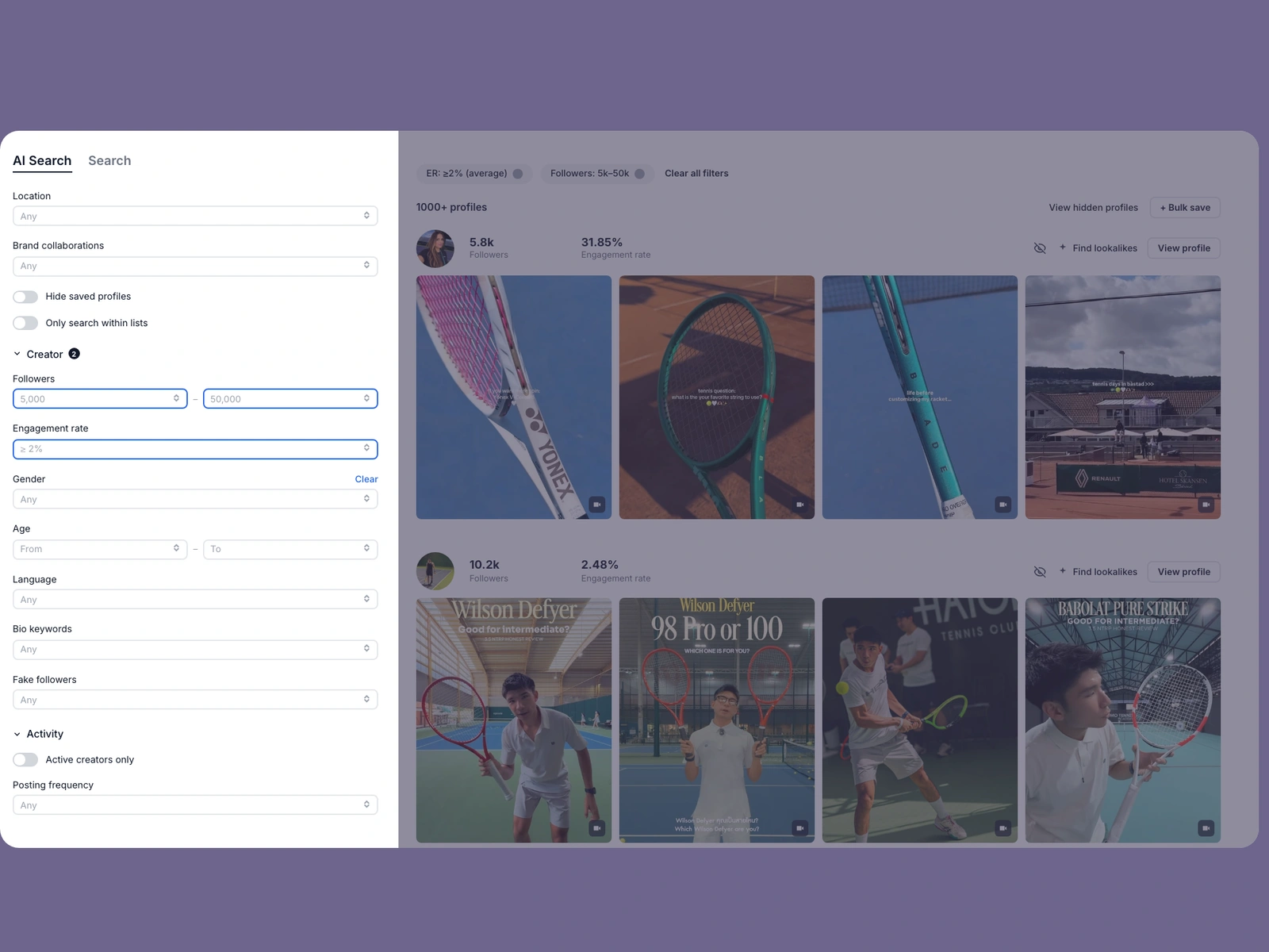 Modash filters narrowing tennis creators