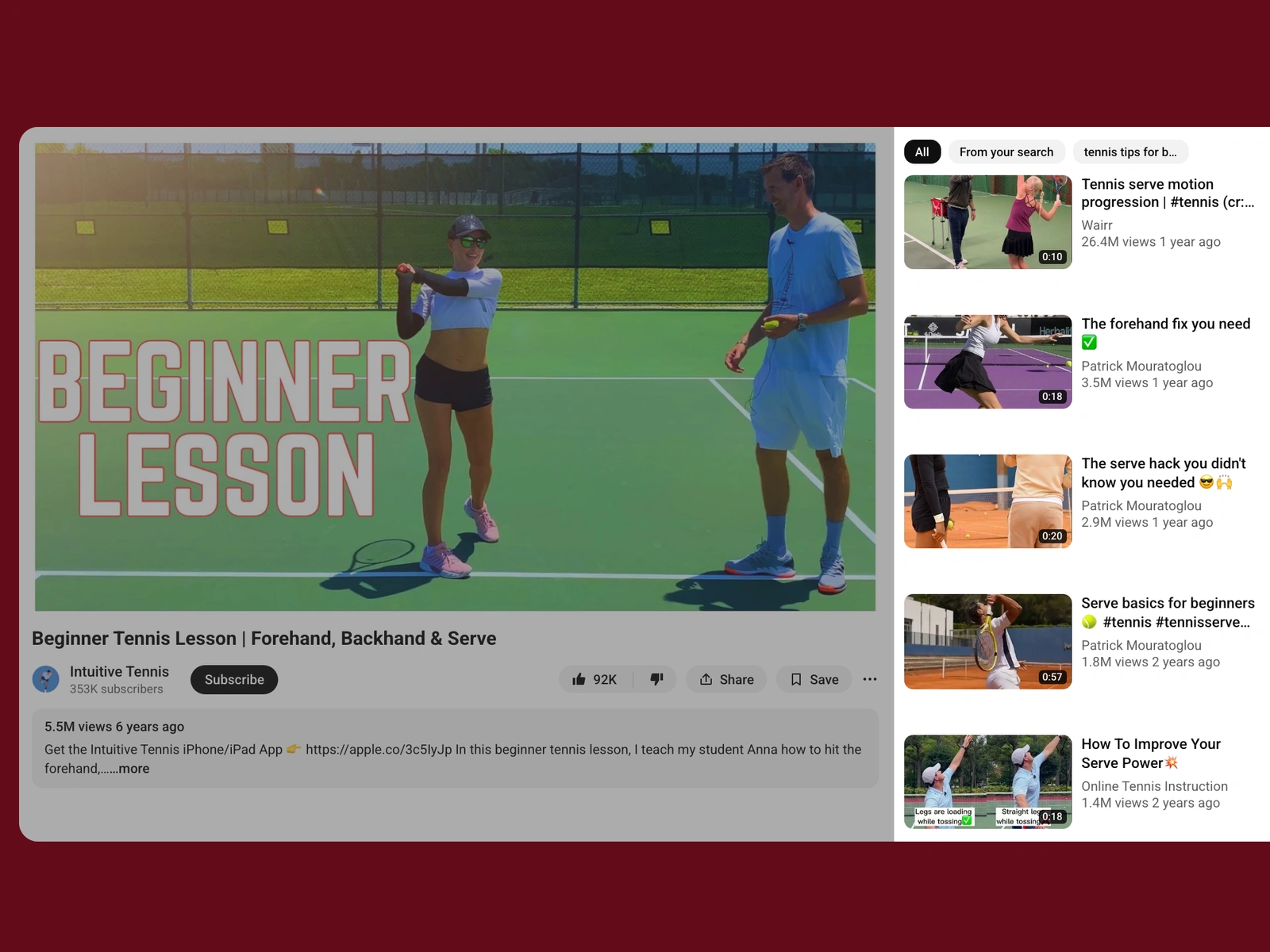 YouTube recommended videos beside a tennis video