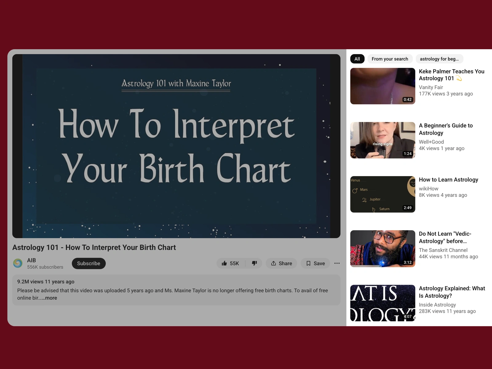 YouTube recommended videos beside a astrology video