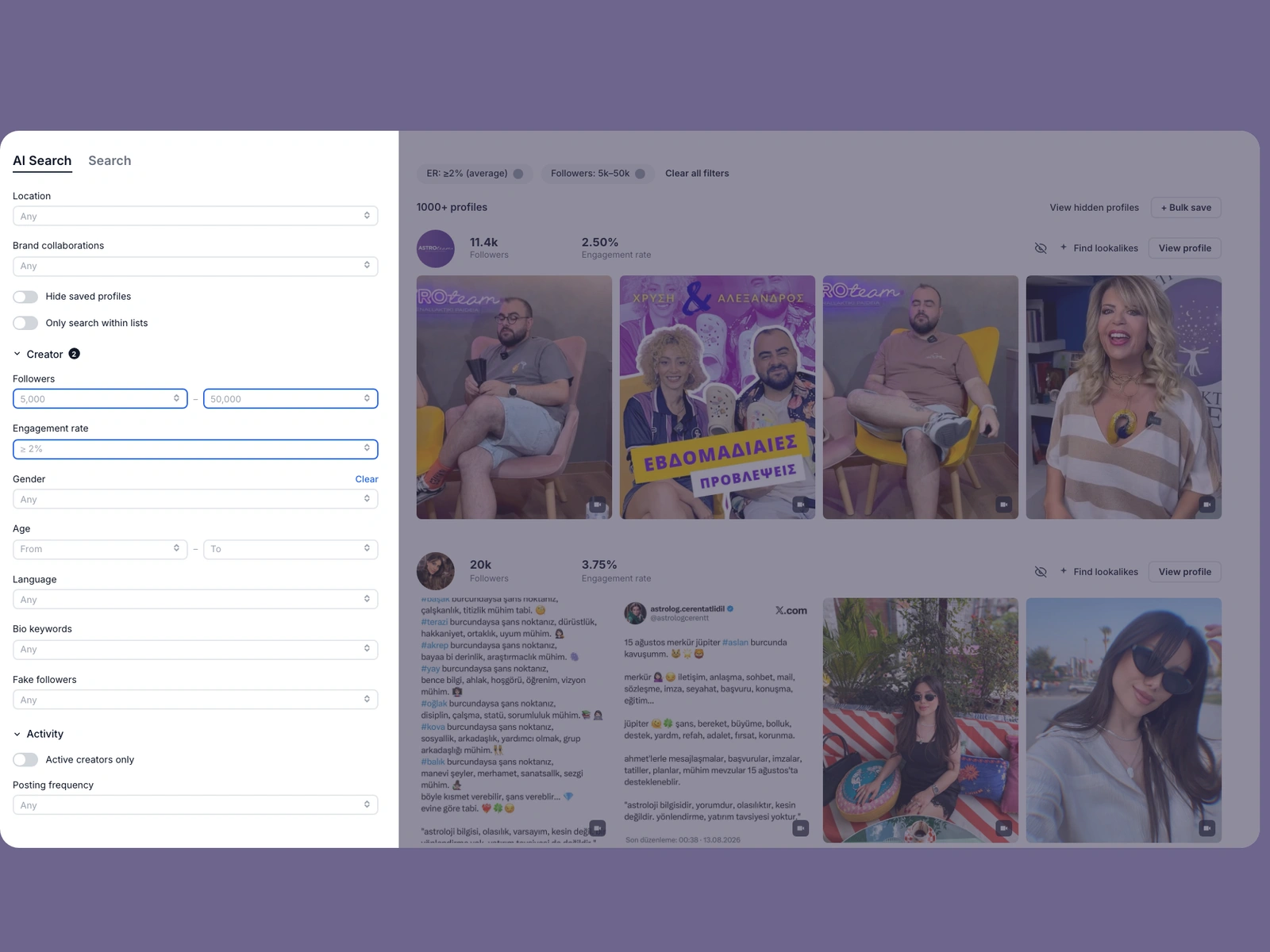 Modash filters narrowing astrology creators