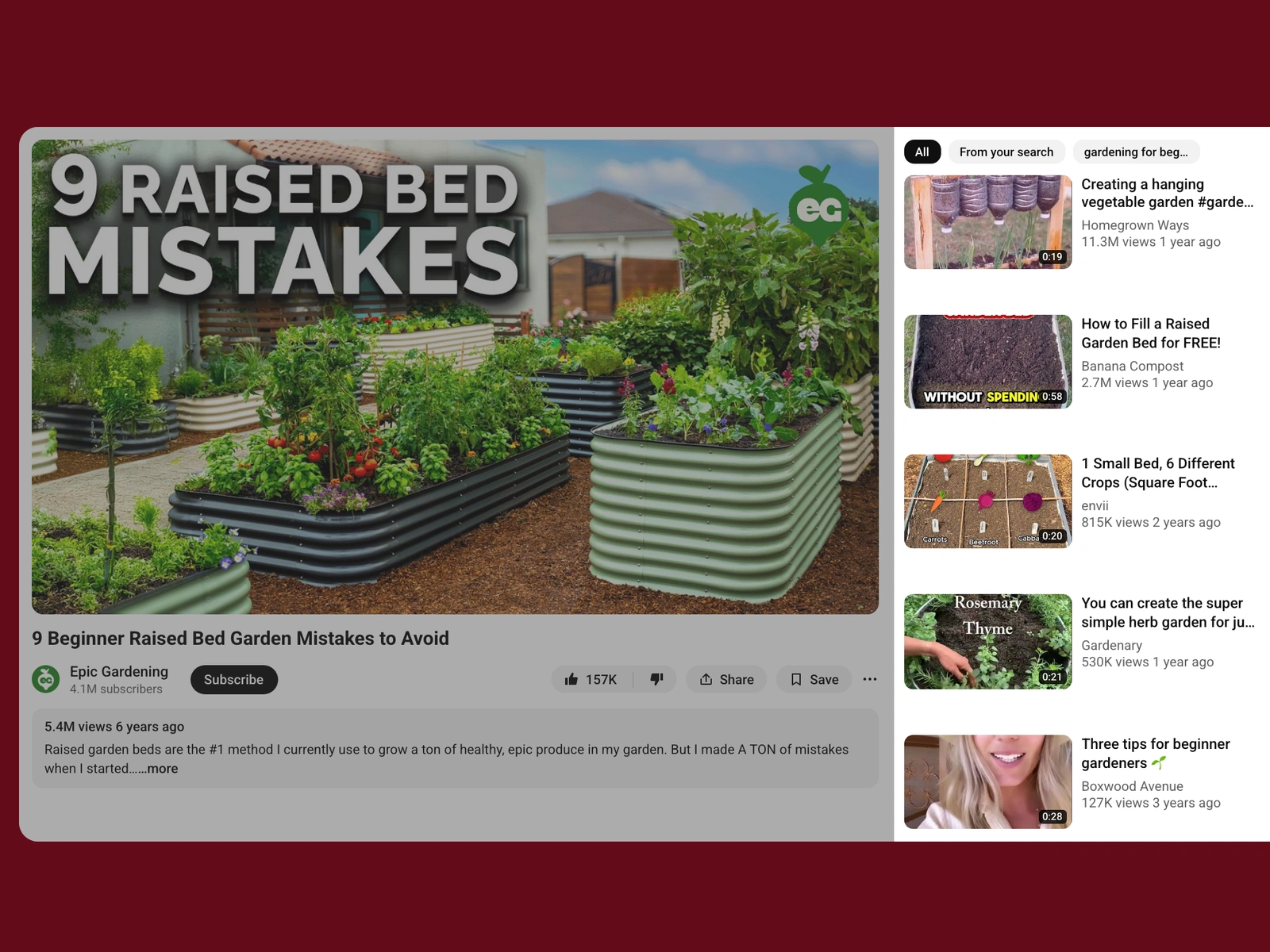 YouTube recommended videos beside a gardening video