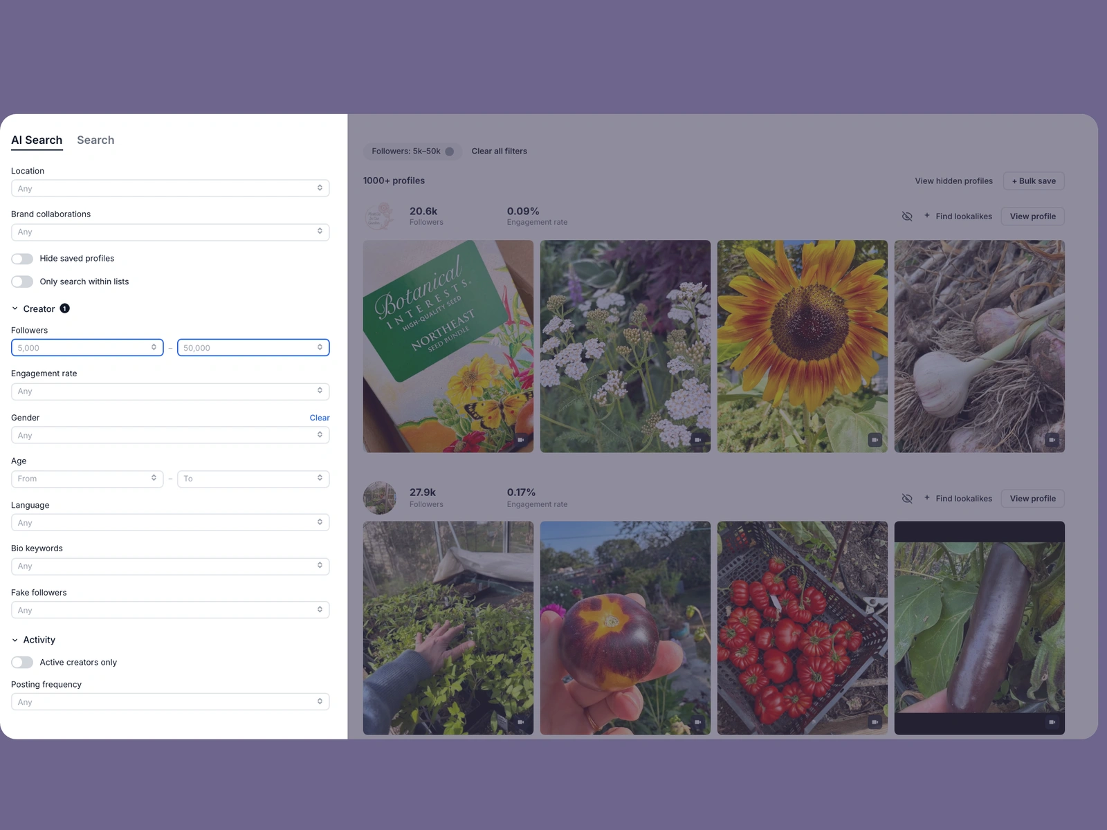 Modash filters narrowing gardening creators
