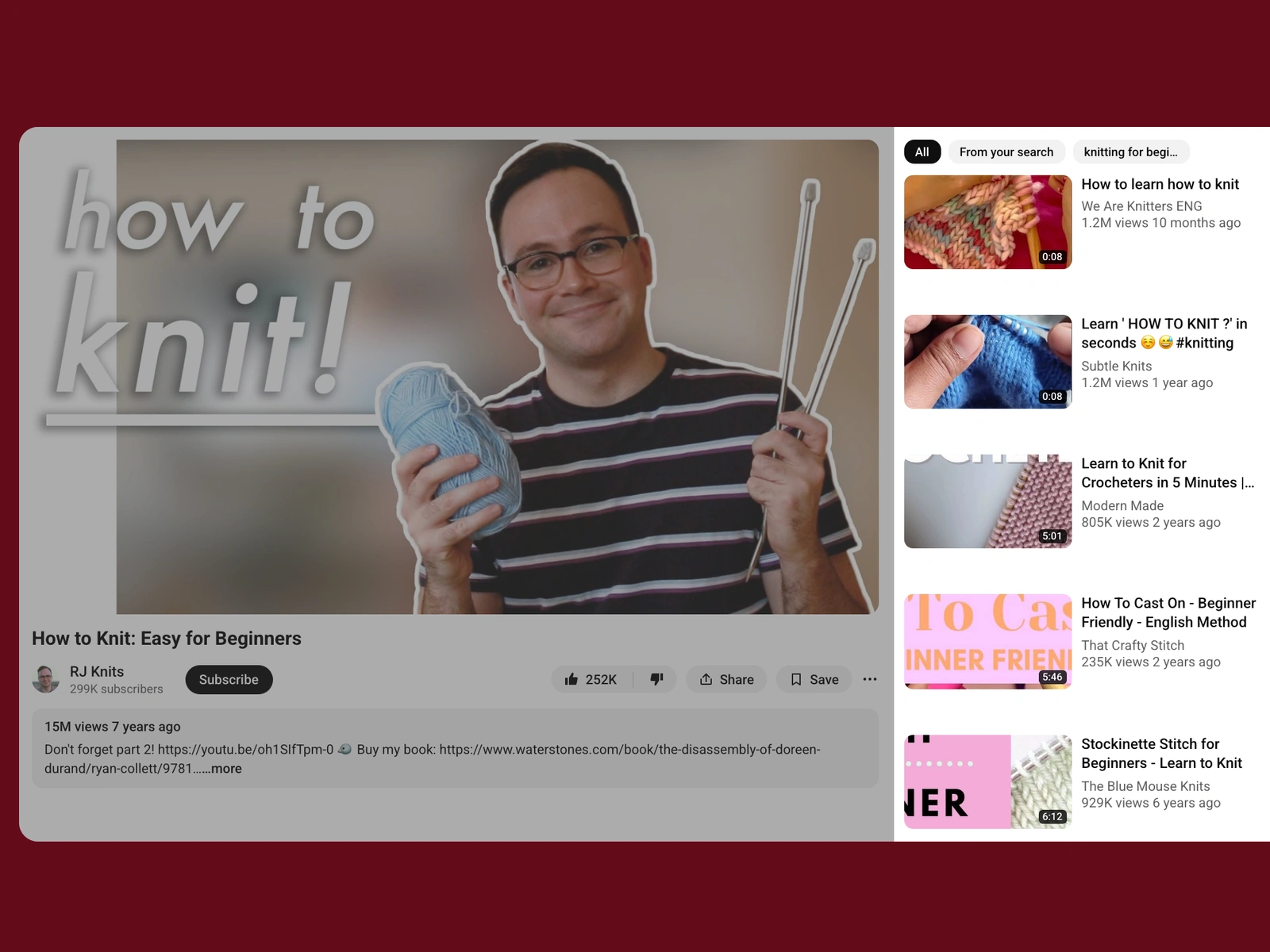 YouTube recommended videos beside a knitting video