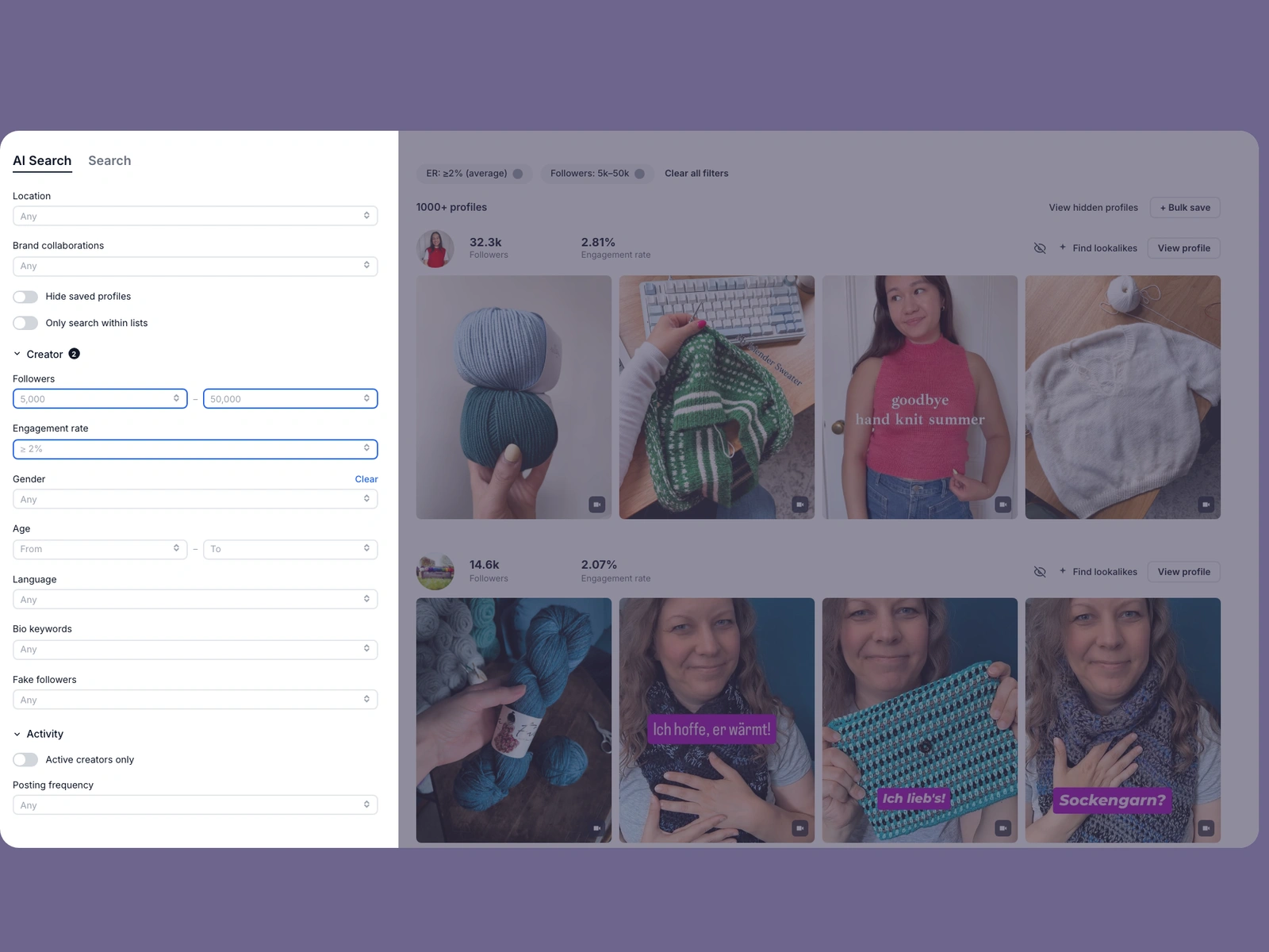 Modash filters narrowing knitting creators