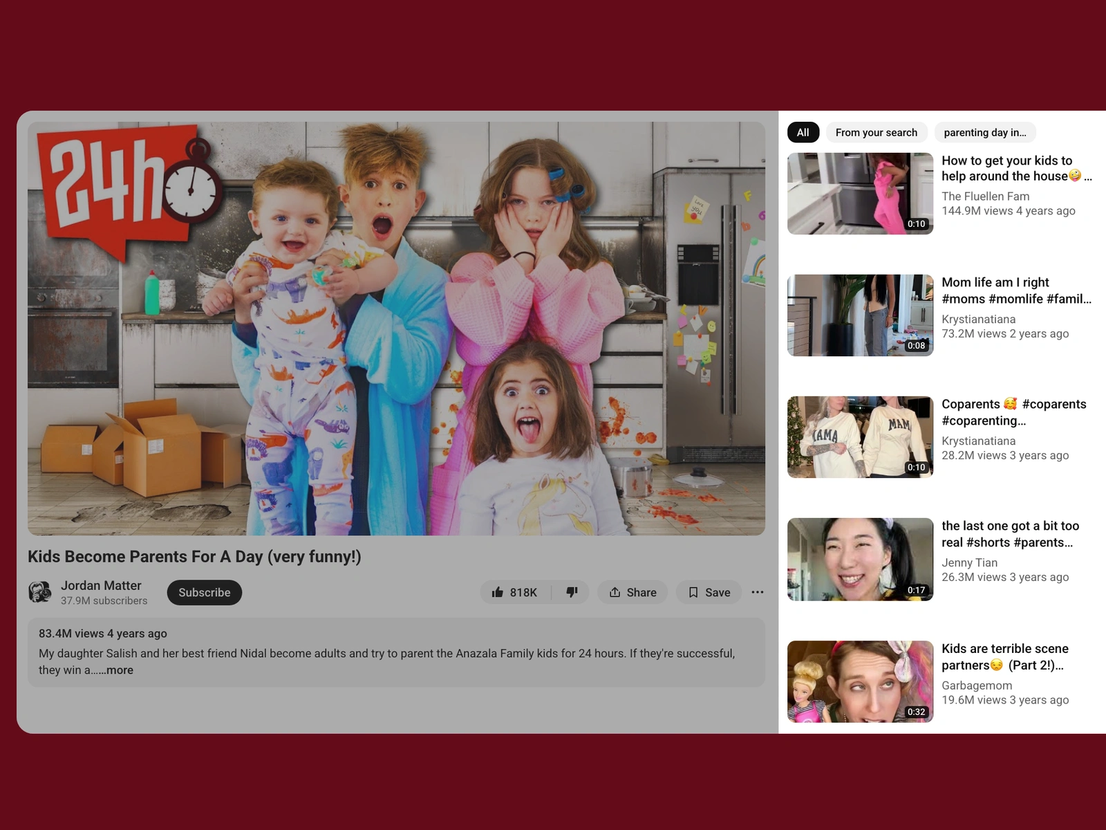 YouTube recommended videos beside a parenting video