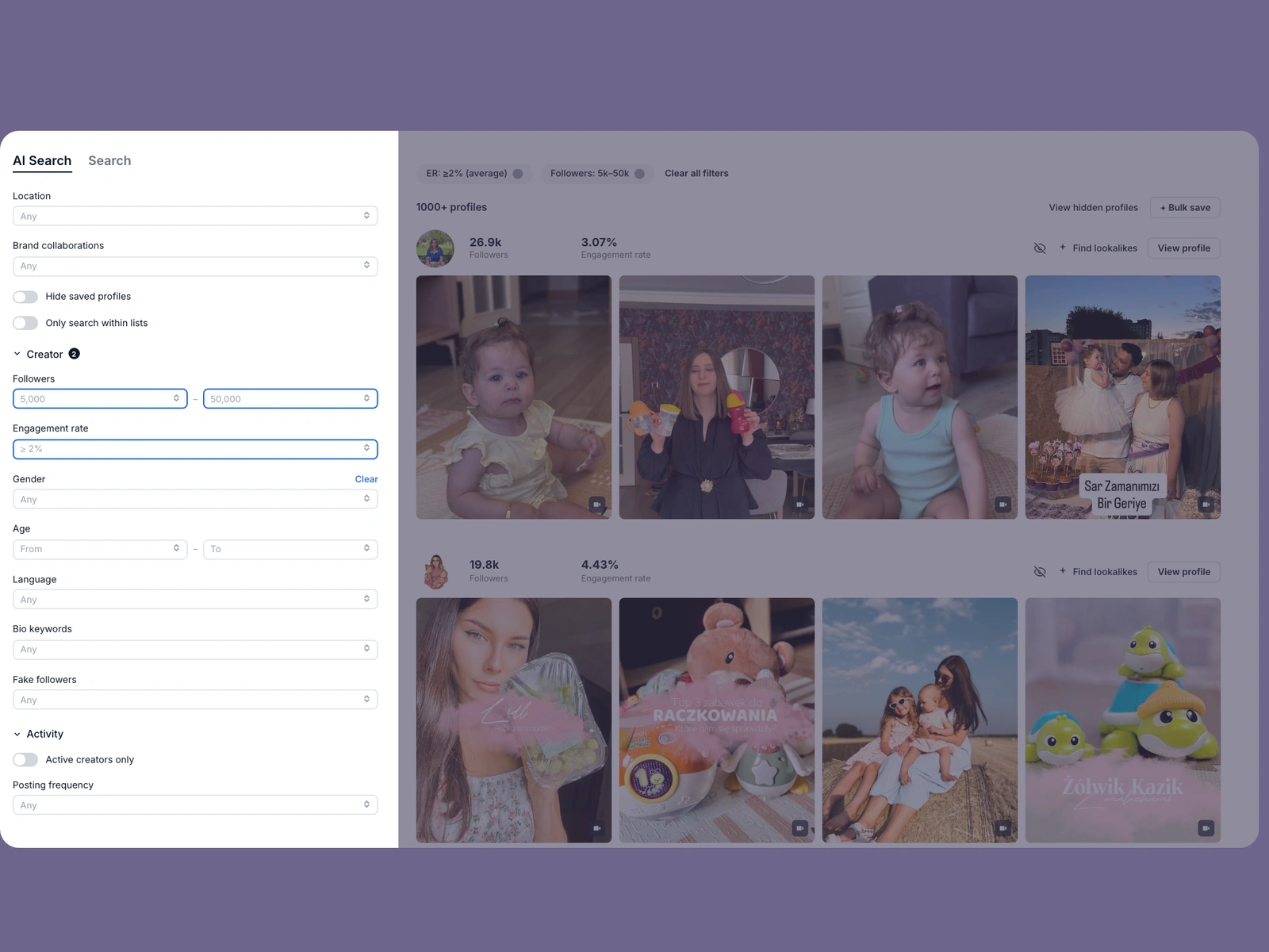 Modash filters narrowing parenting creators