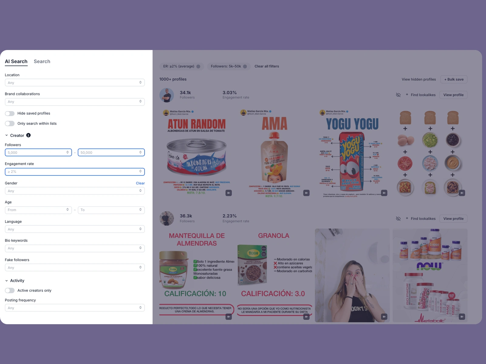 Modash filters narrowing nutrition creators