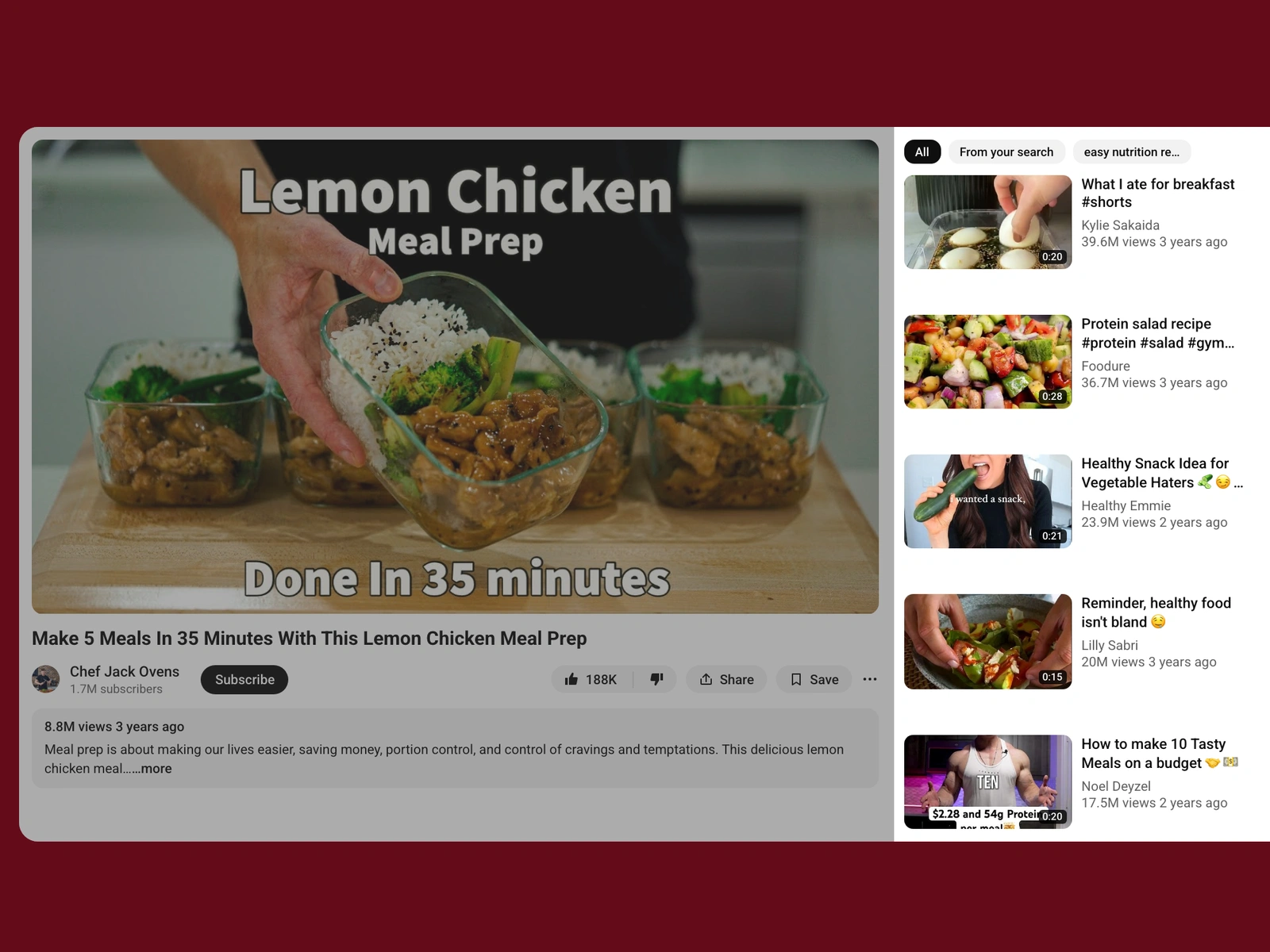 YouTube recommended videos beside a nutrition video
