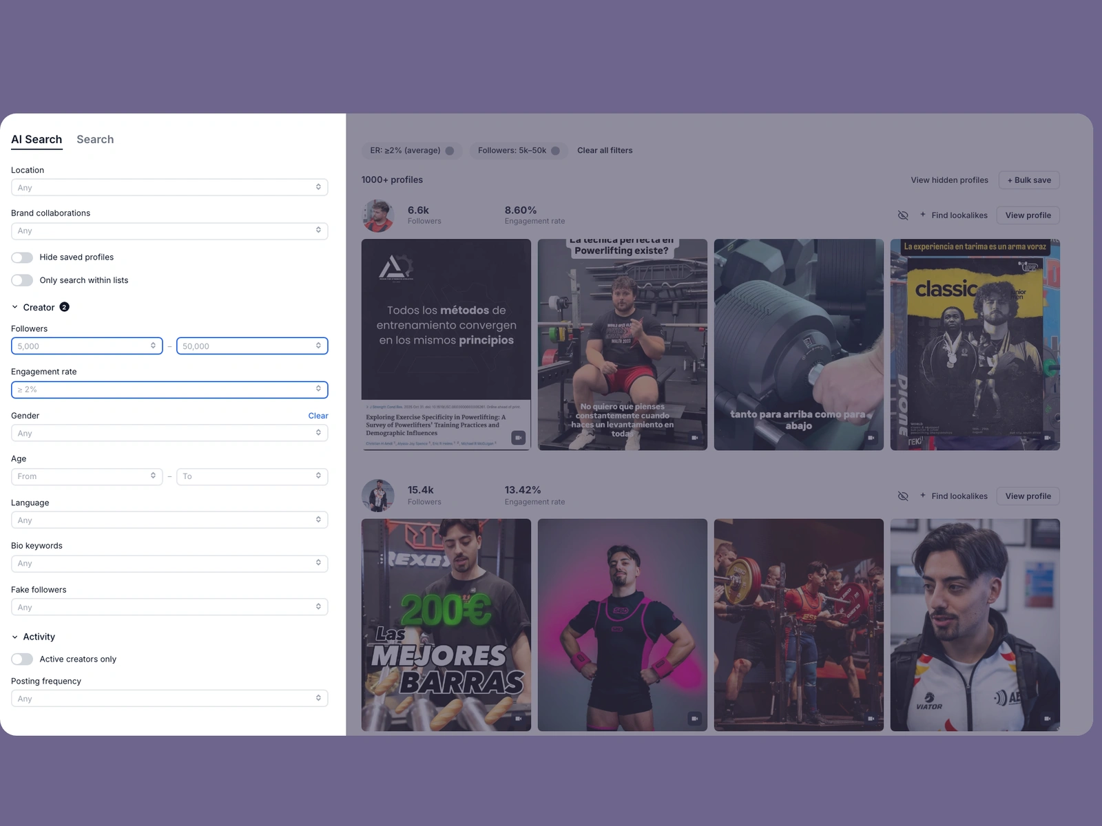 Modash filters narrowing powerlifting creators