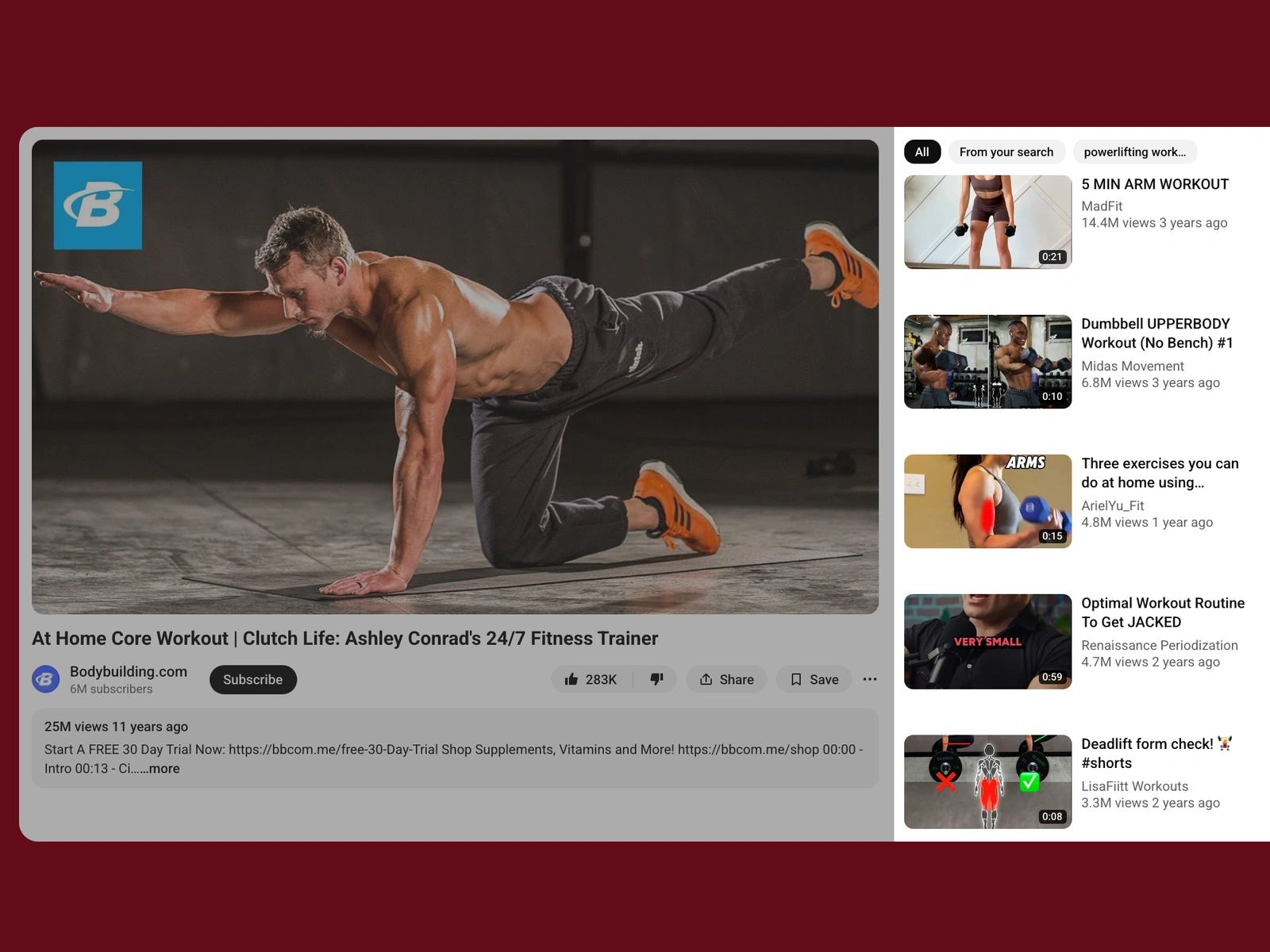 YouTube recommended videos beside a powerlifting video