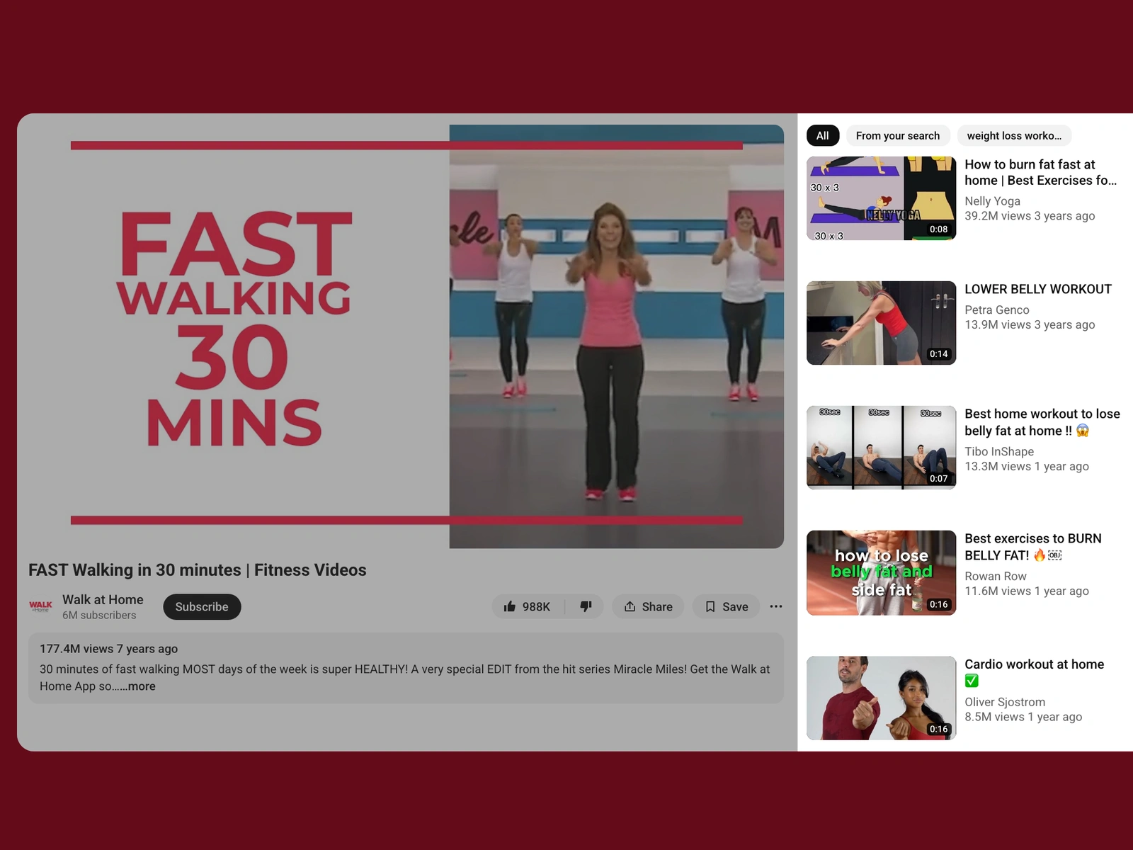 YouTube recommended videos beside a weight loss video
