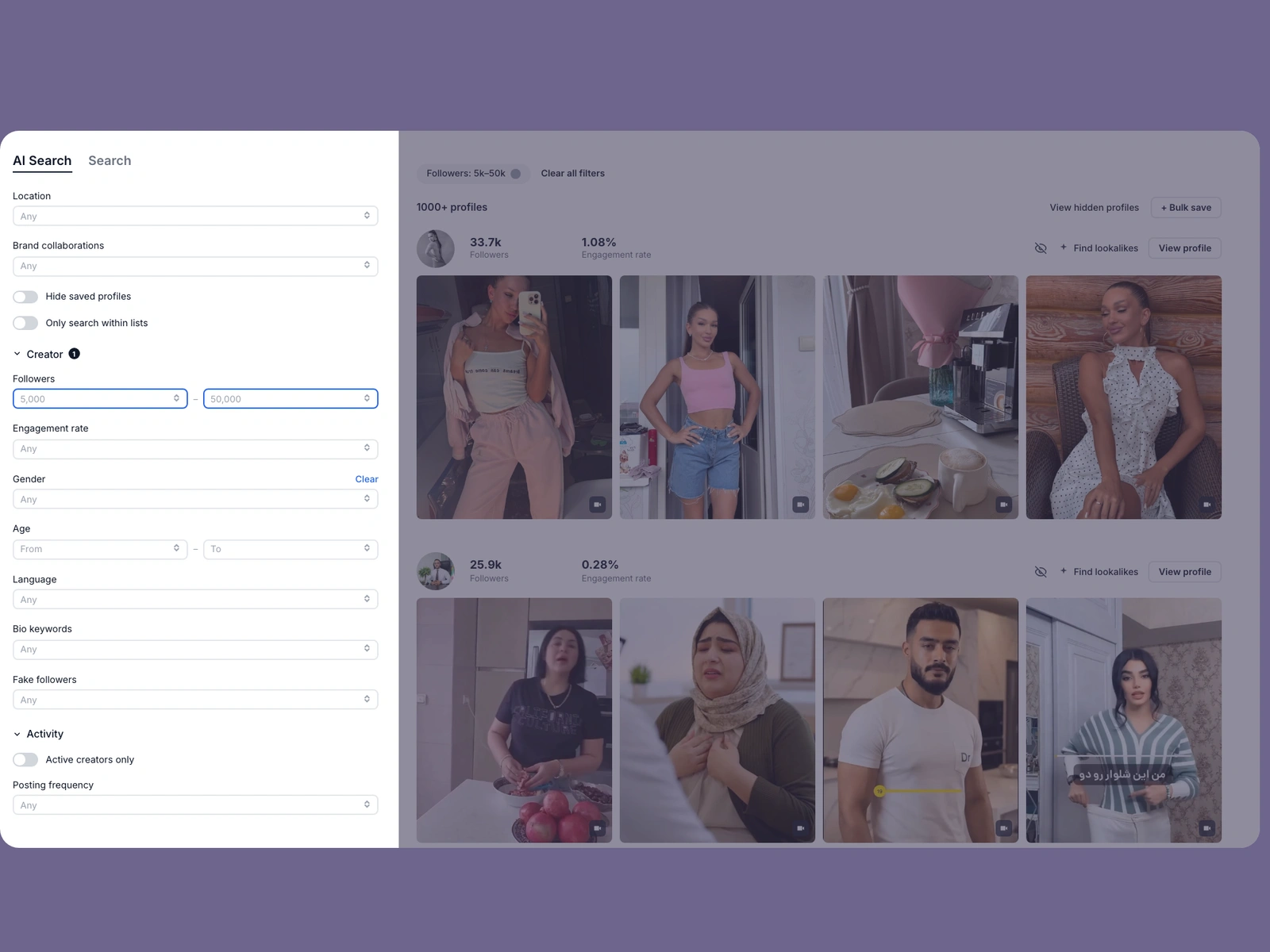 Modash filters narrowing weight loss creators
