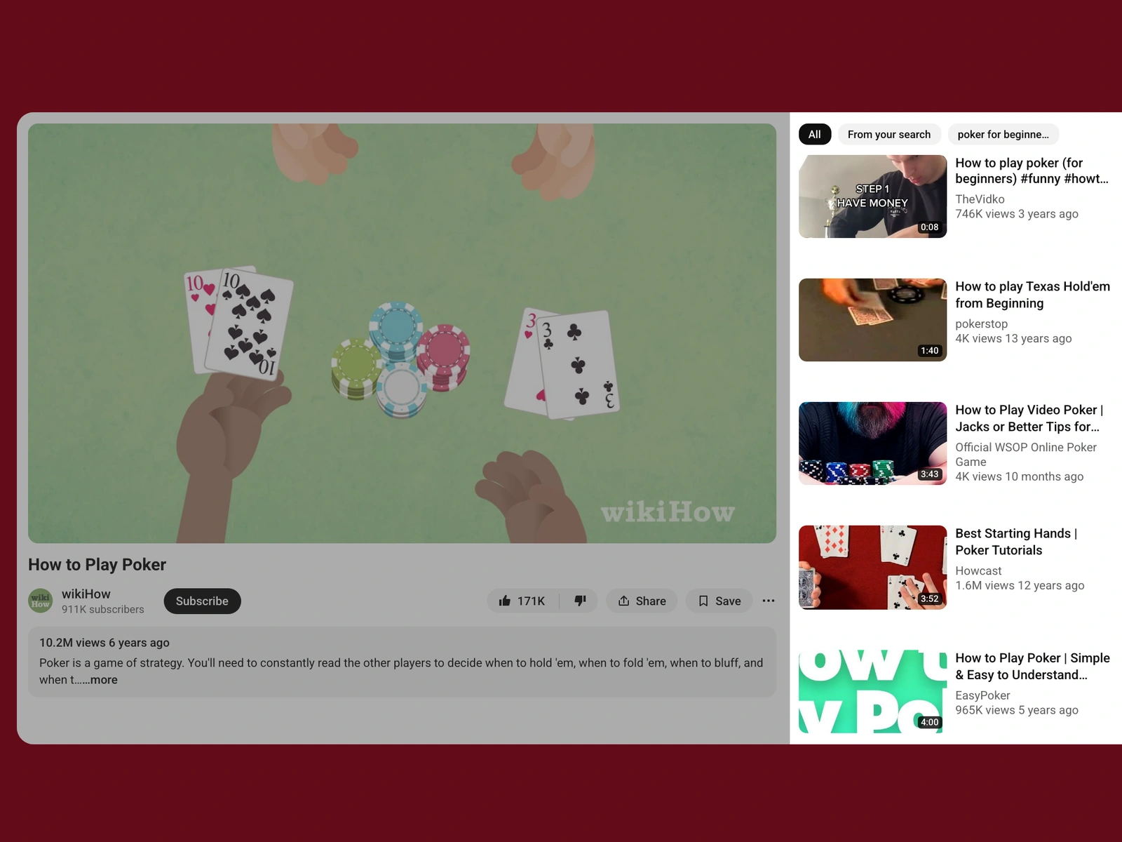 YouTube recommended videos beside a poker video