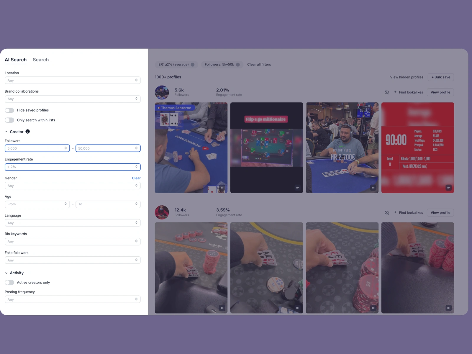 Modash filters narrowing poker creators